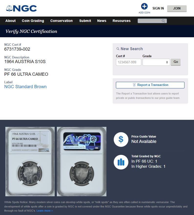 《竞宝斋》第370场 周日，周一 2场连拍 （全场包邮） NGC PF66UC 好品 奥地利1964年10先令精制银币 民族妇女经典设计！亚军分 更高分仅一枚！