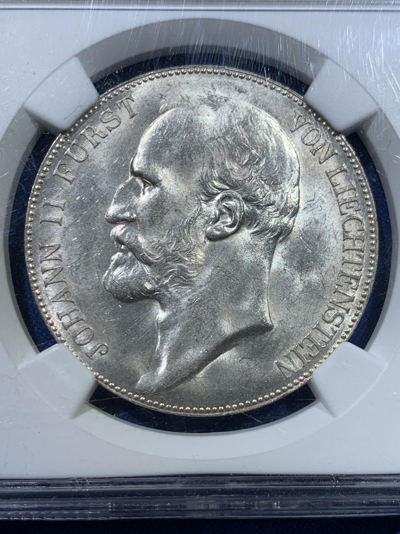 《竞宝斋》第370场 周日，周一 2场连拍 （全场包邮） NGC MS63 列支敦士登1904年约翰二世亲王5K大银币