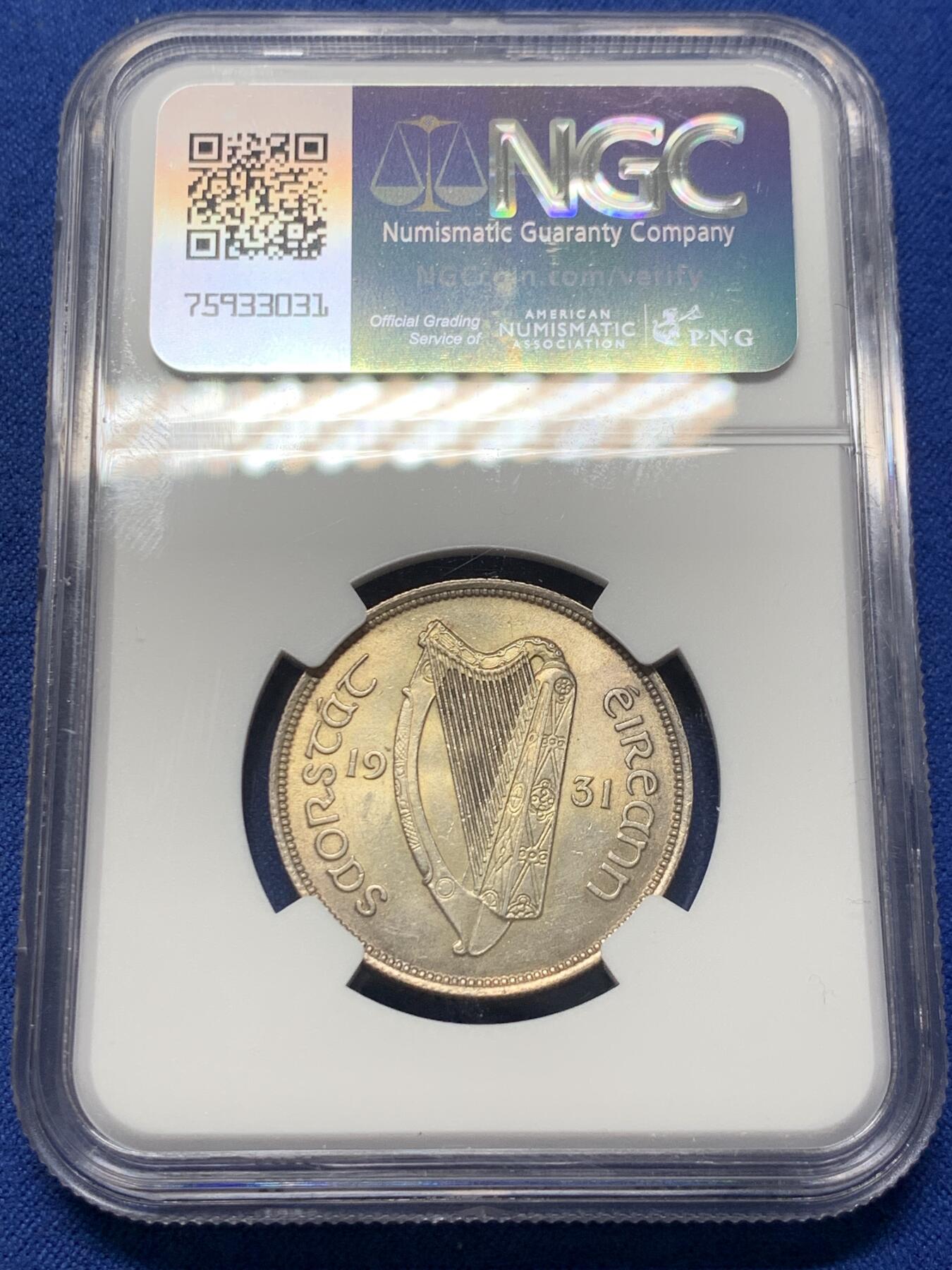 《竞宝斋》第370场 周日，周一 2场连拍 （全场包邮） NGC UNCD 爱尔兰 1931 2先令银币 爱尔兰早期MS细节极少见 这枚疑似被错杀 光度和细节都挺不错的 不是通货能比的 细节见图