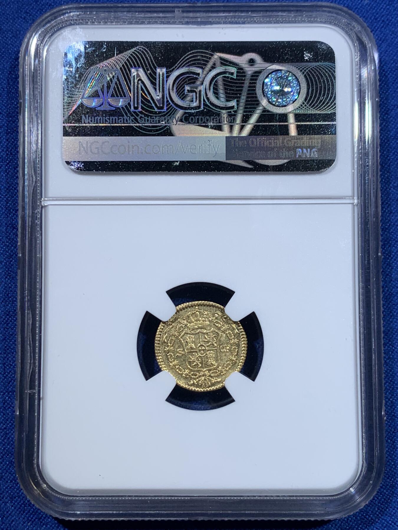 《竞宝斋》第370场 周日，周一 2场连拍 （全场包邮） NGC MS61 西班牙1775年卡洛斯三世半埃斯库多金币 少见！