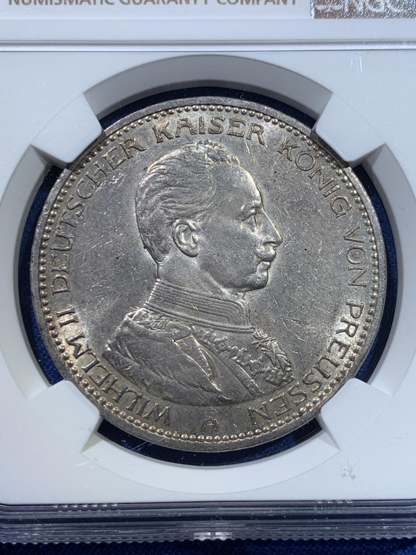 《竞宝斋》第370场 周日，周一 2场连拍 （全场包邮） NGC MS61 德国1913年威廉二世军装5马克银币