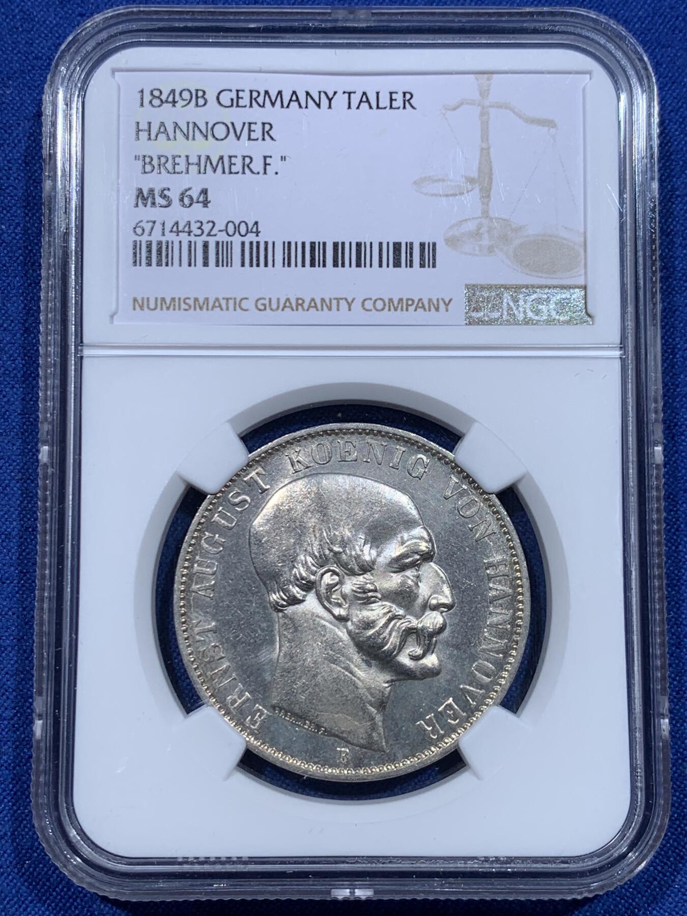 《竞宝斋》第370场 周日，周一 2场连拍 （全场包邮） 冠军分 NGC MS64 德国 1849年 汉诺威奥古斯特泰勒银币 顶级状态 不可错过