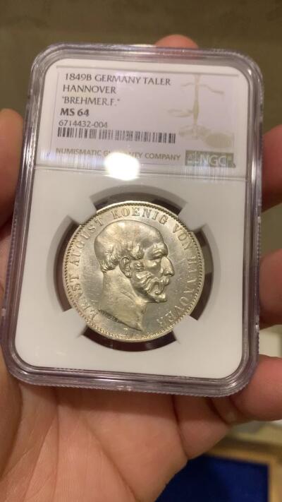 《竞宝斋》第370场 周日，周一 2场连拍 （全场包邮） 冠军分 NGC MS64 德国 1849年 汉诺威奥古斯特泰勒银币 顶级状态 不可错过