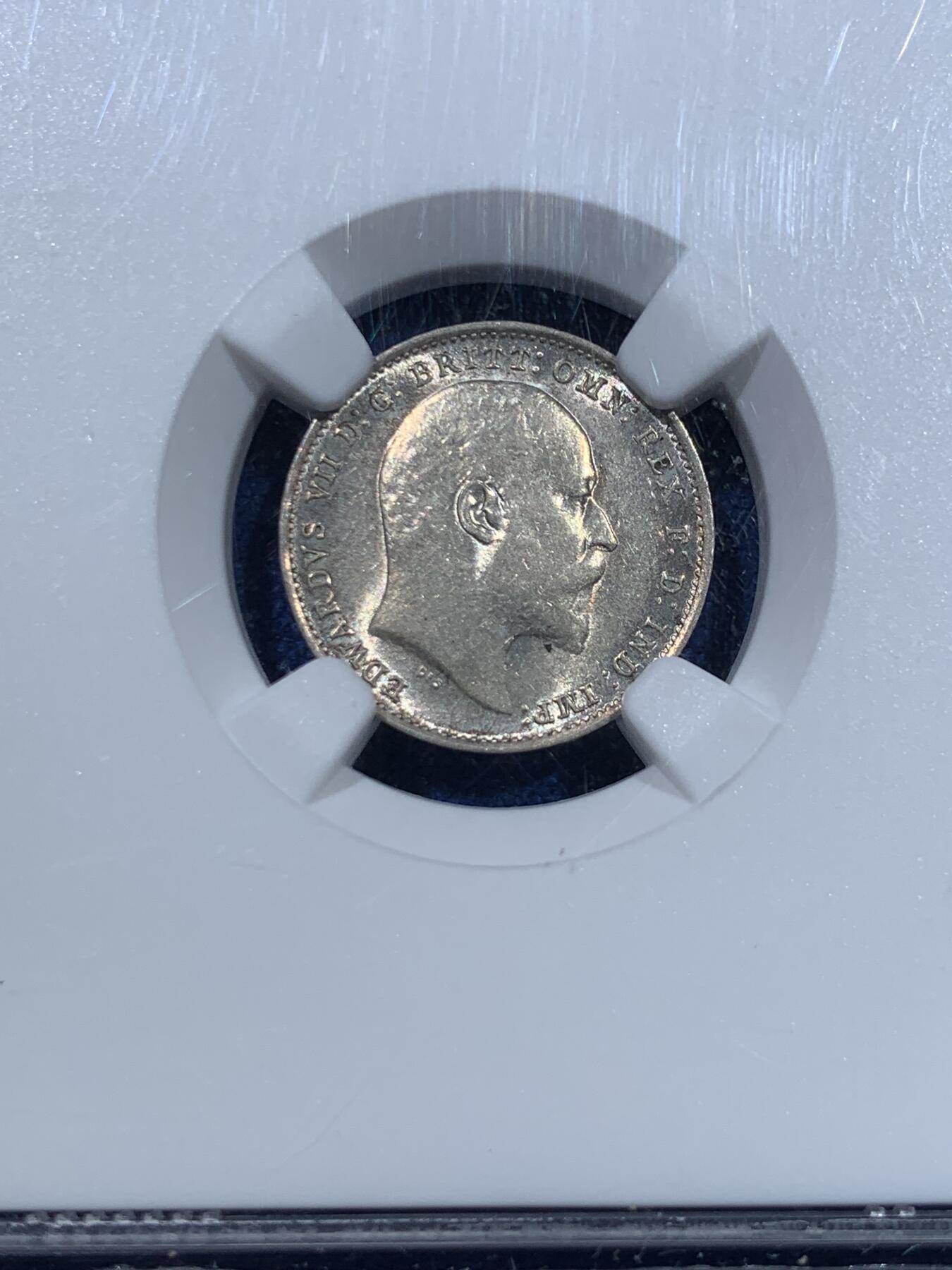 《竞宝斋》第370场 周日，周一 2场连拍 （全场包邮） NGC MS62 英国 1910年 爱德华七世 3便士 银币