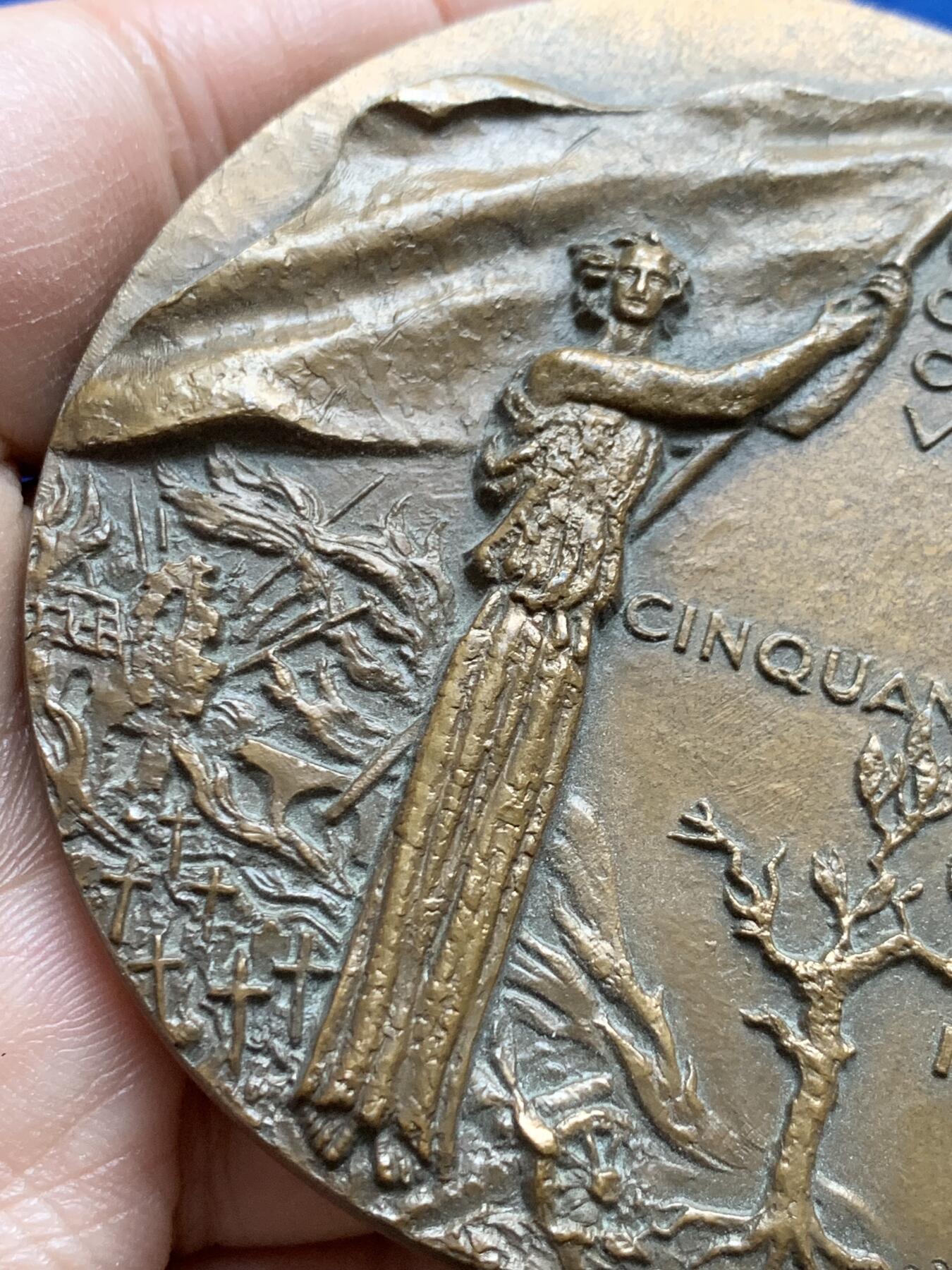 《竞宝斋》第370场 周日，周一 2场连拍 （全场包邮） 法国一战胜利50周年纪念铜章 高浮雕 172.9克 68mm 1968 丰饶角铜标 带盒