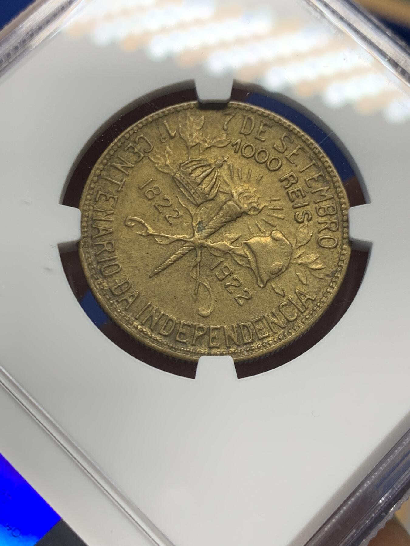 《竞宝斋》第370场 周日，周一 2场连拍 （全场包邮） NGC AU58 巴西1922年1000瑞斯铜币，纪念巴西独立100周年纪念币。