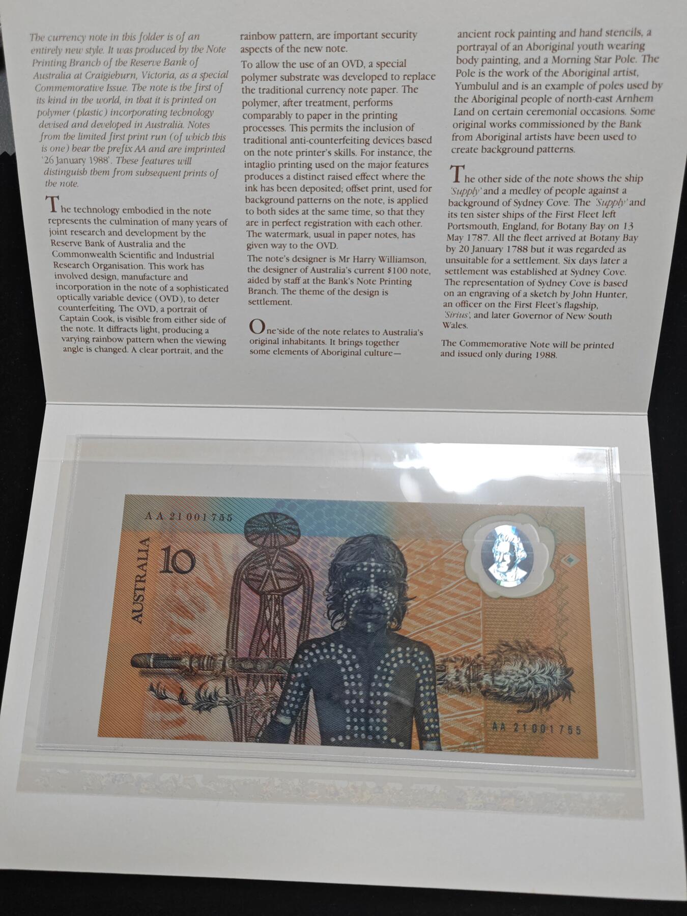 1988年 澳大利亚10元纪念钞 AA冠 无4 原装册 全新UNC