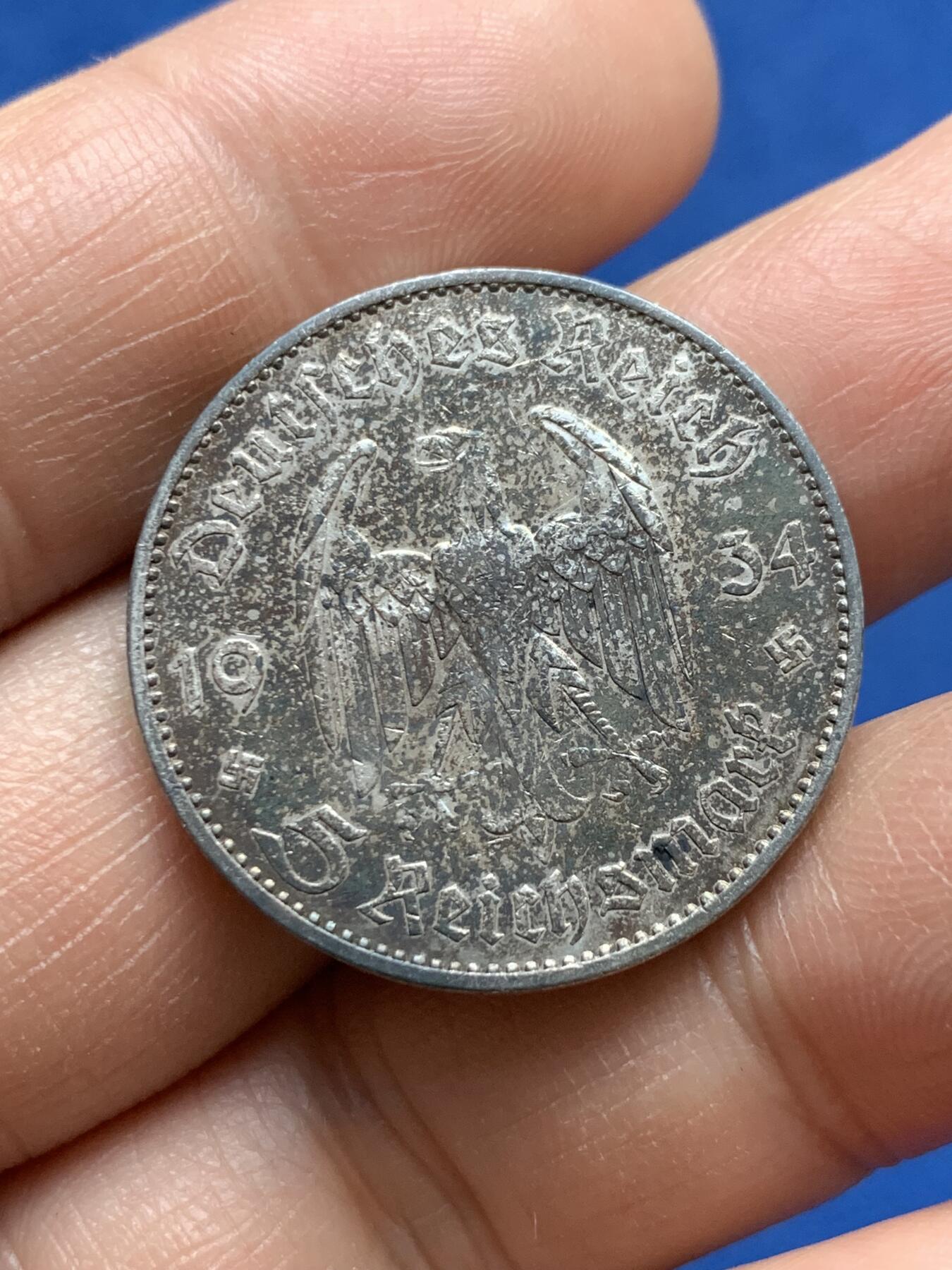 《竞宝斋》第370场 周日，周一 2场连拍 （全场包邮） 德国1934年A版教堂加字5马克 银币