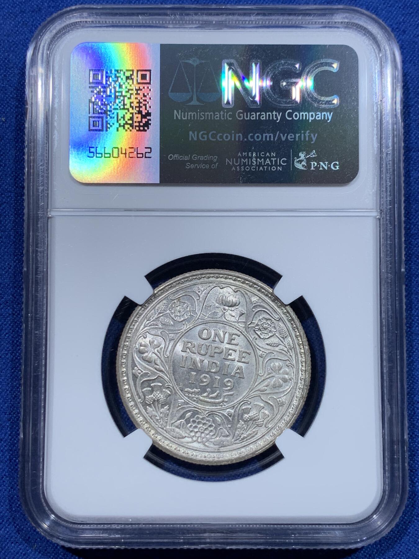 《竞宝斋》第370场 周日，周一 2场连拍 （全场包邮） NGC MS63 英属印度1919年乔治五世1卢比 C版加尔各答造