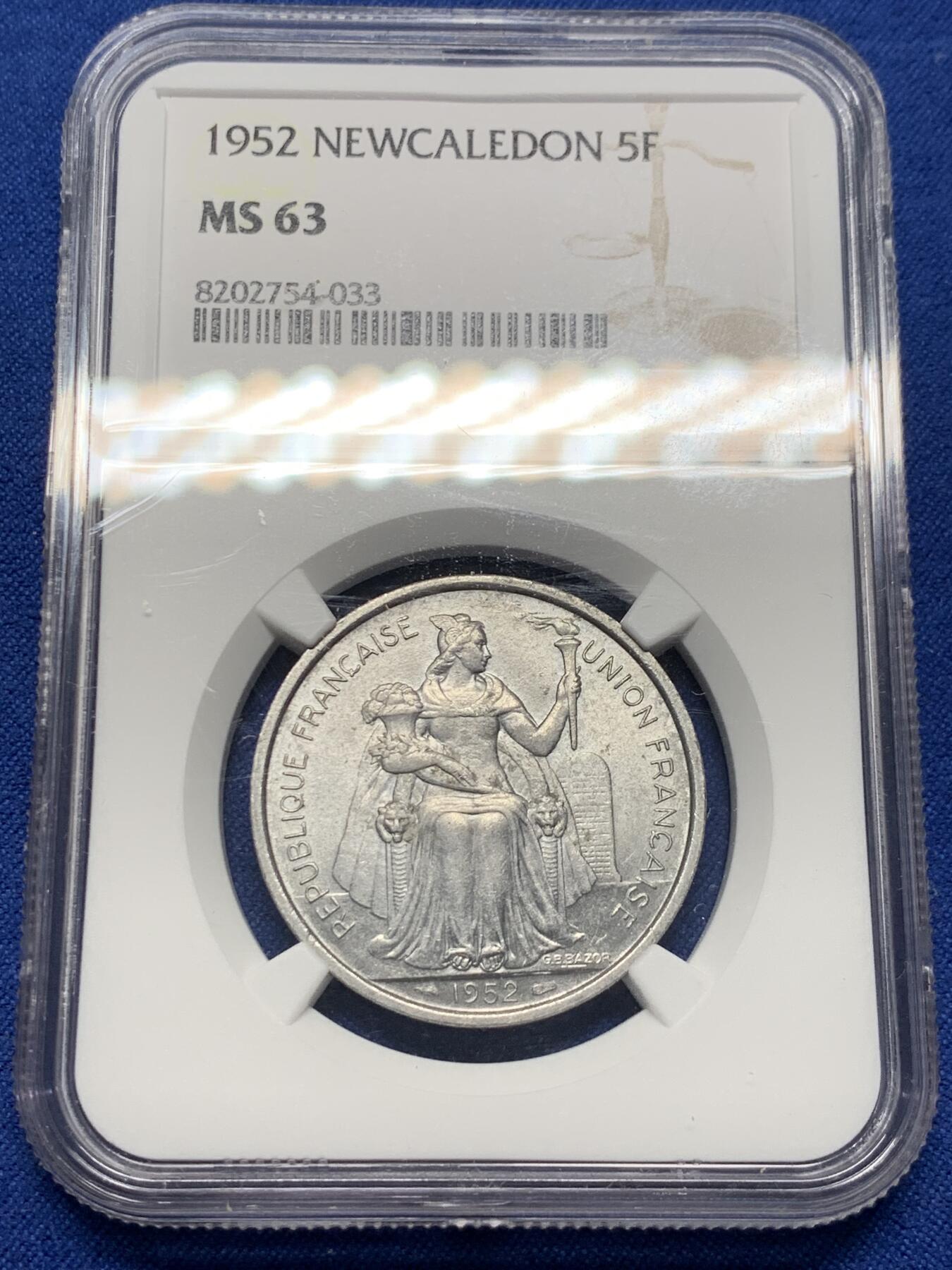 《竞宝斋》第370场 周日，周一 2场连拍 （全场包邮） NGC MS63 新喀里多尼亚1952年5法郎 最大面值 独立年份 上MS挺少见的