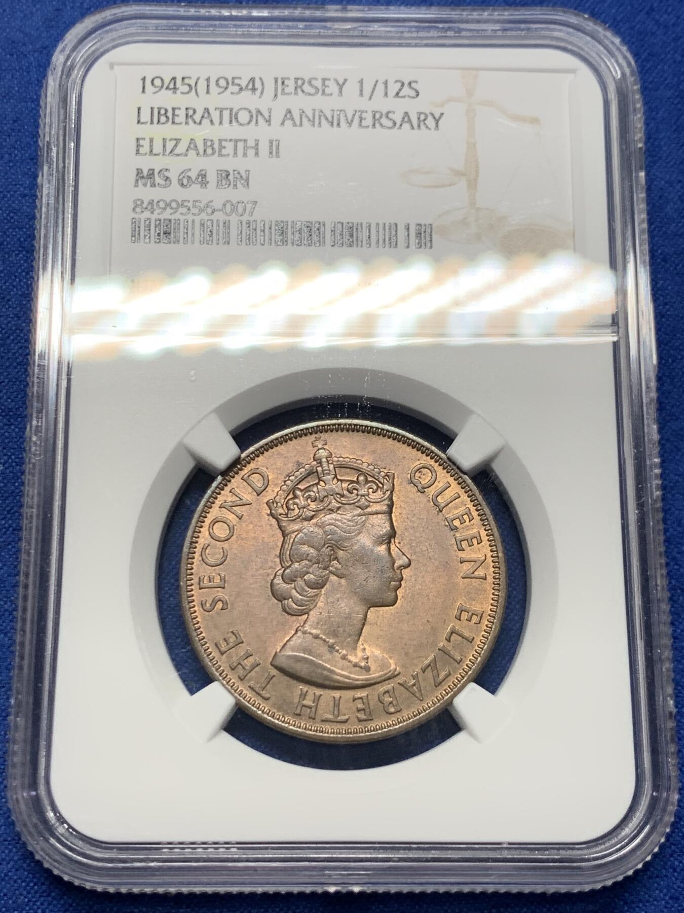 《竞宝斋》第370场 周日，周一 2场连拍 （全场包邮） NGC MS64BN 英属泽西1945年1/12先令铜币