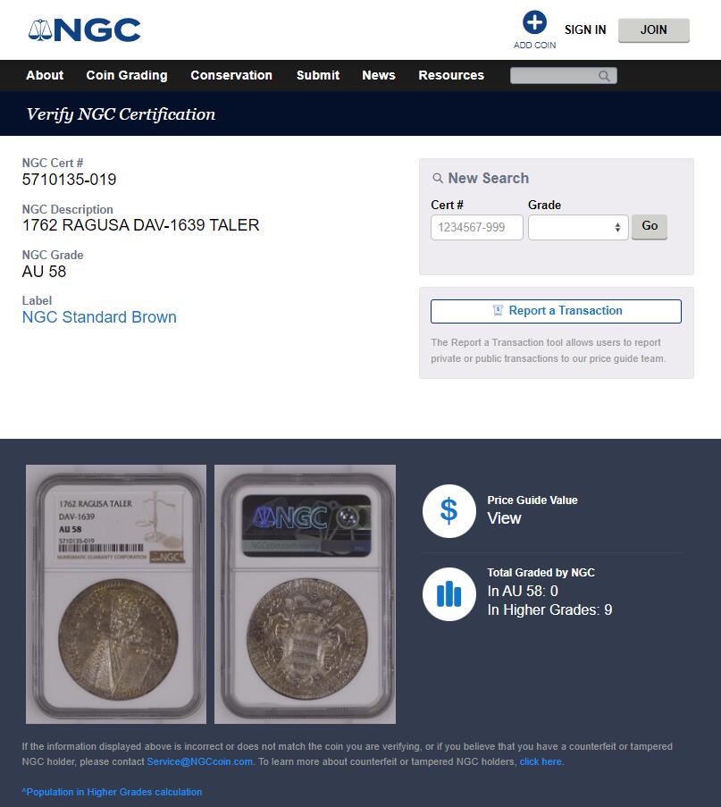 《竞宝斋》第370场 周日，周一 2场连拍 （全场包邮） NGC AU58 拉古萨共和国 1762年 泰勒大银币 大波浪清晰 打制的非常好 这款通常弱打 所以更显难得 背面减重痕排列均匀 可藏的品相 季军分