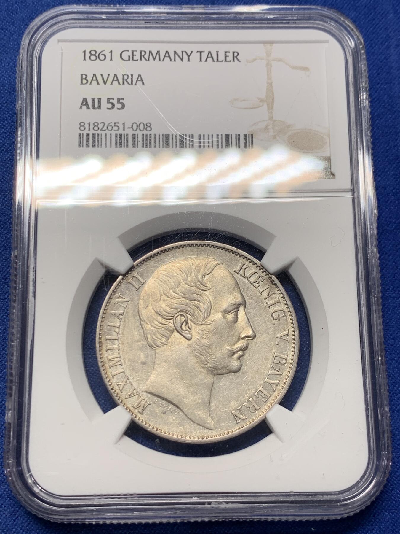 《竞宝斋》第370场 周日，周一 2场连拍 （全场包邮） NGC AU55 德国 1861年 巴伐利亚马克西米利安二世双狮盾徽1泰勒银币