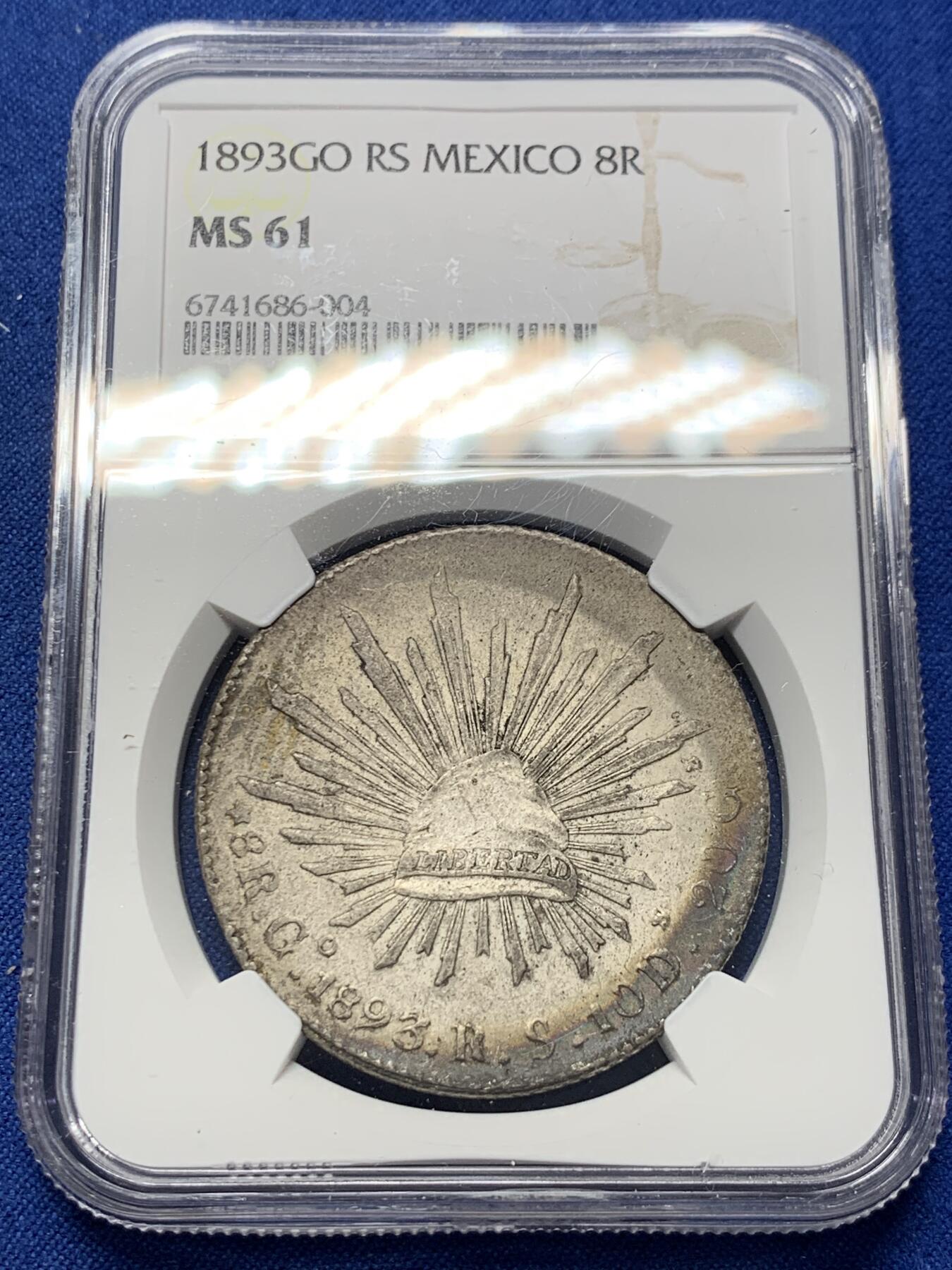 《竞宝斋》第370场 周日，周一 2场连拍 （全场包邮） NGC MS61 墨西哥1893GO RS 8里亚尔鹰洋银币