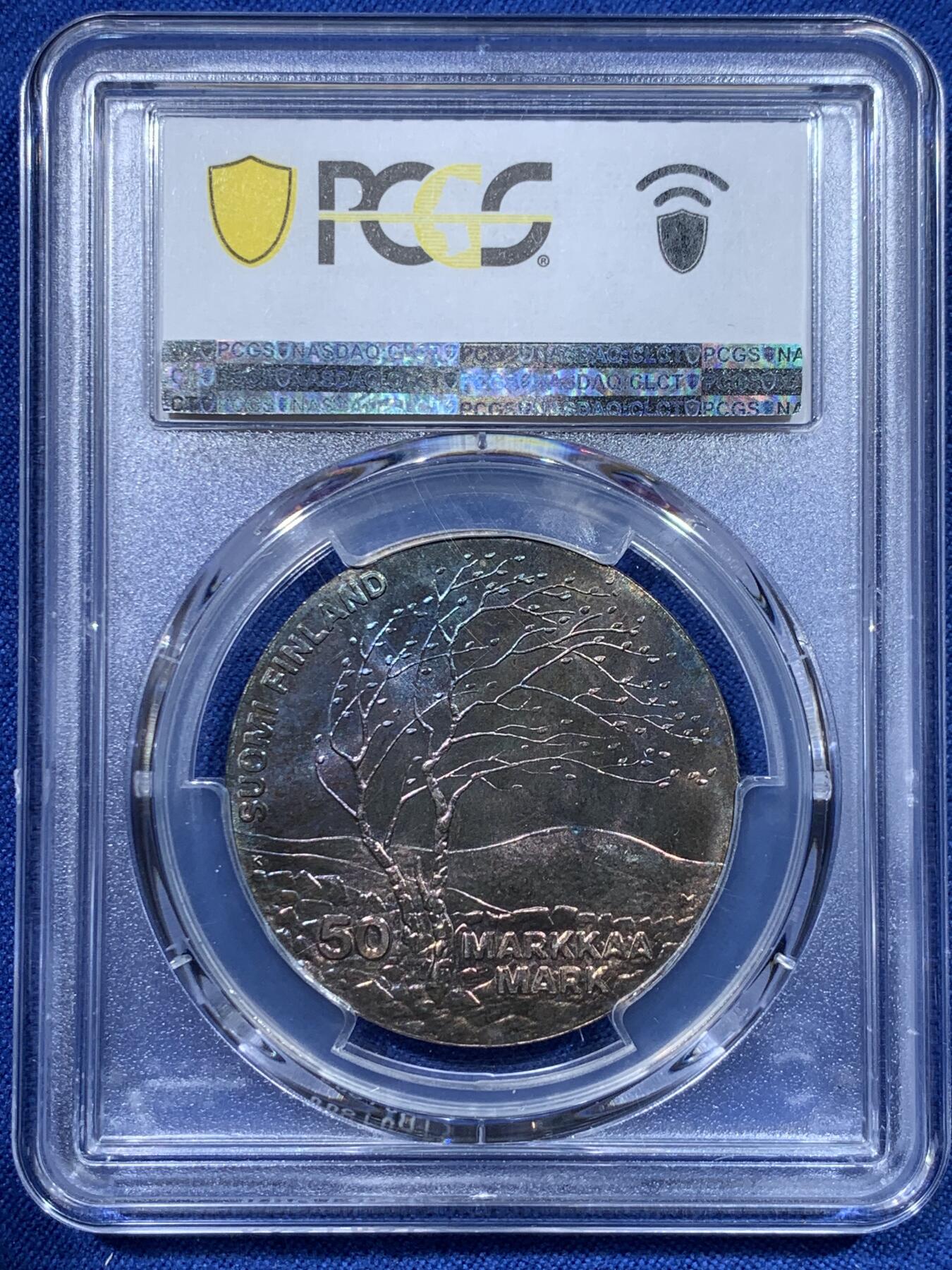 《竞宝斋》第370场 周日，周一 2场连拍 （全场包邮） PCGS MS67 芬兰1983第一届田径竞标赛银币，青紫色包浆，呈现比赛健儿超越极限