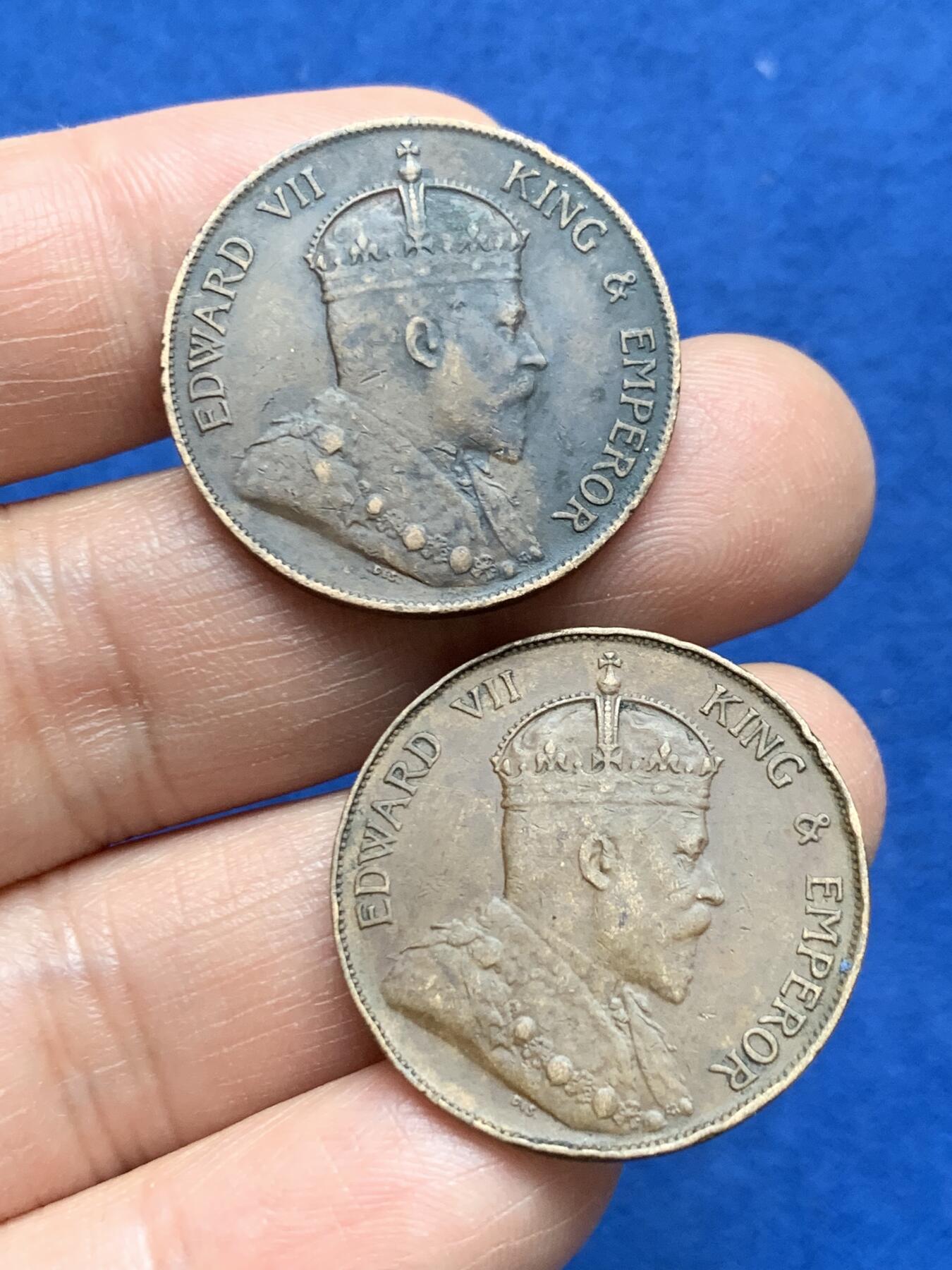 《竞宝斋》第370场 周日，周一 2场连拍 （全场包邮） 两枚一组 香港 1905年 一仙 爱德华七世 铜币 原味包浆