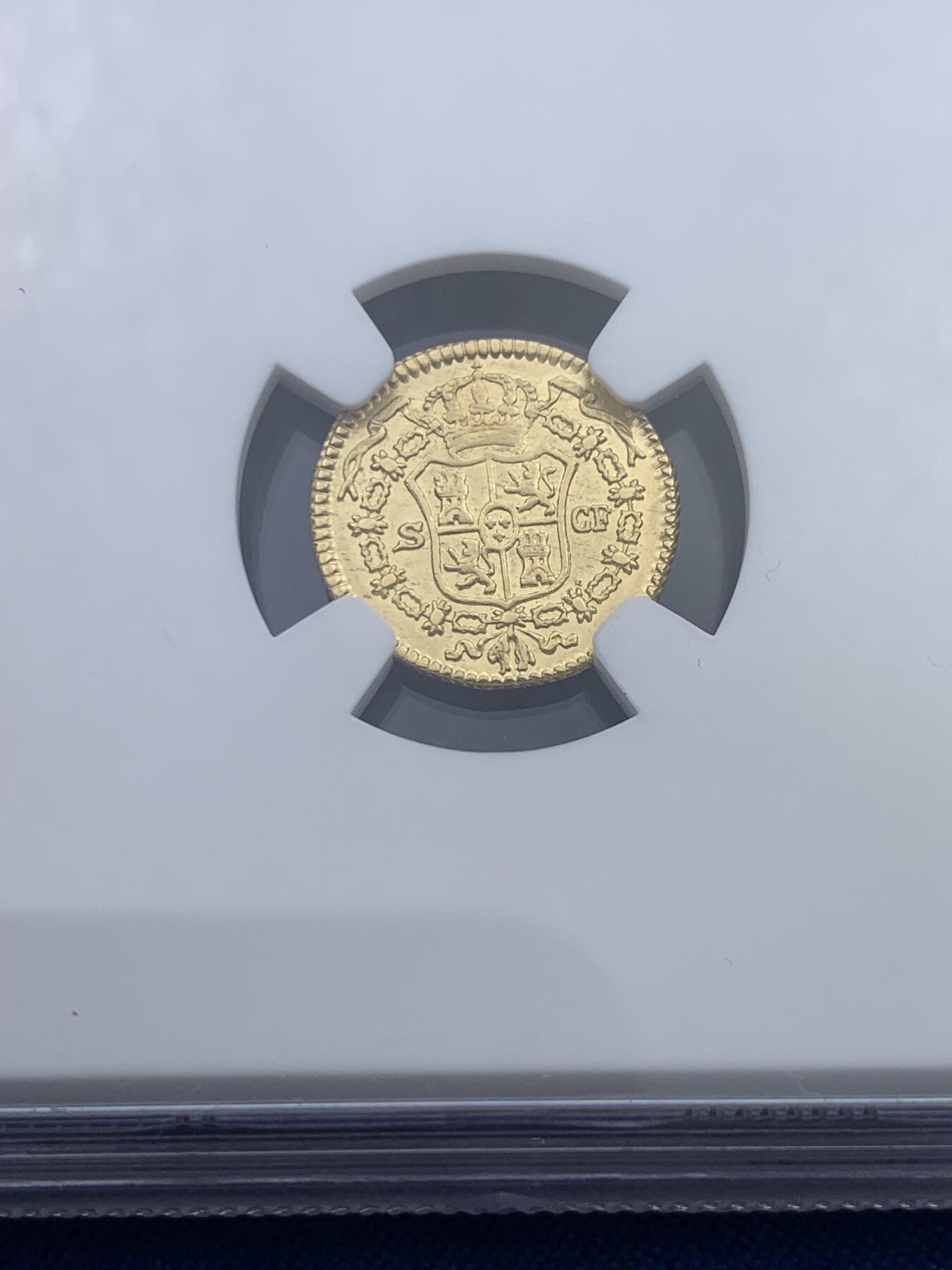 《竞宝斋》第370场 周日，周一 2场连拍 （全场包邮） NGC MS61 西班牙1775年卡洛斯三世半埃斯库多金币 少见！