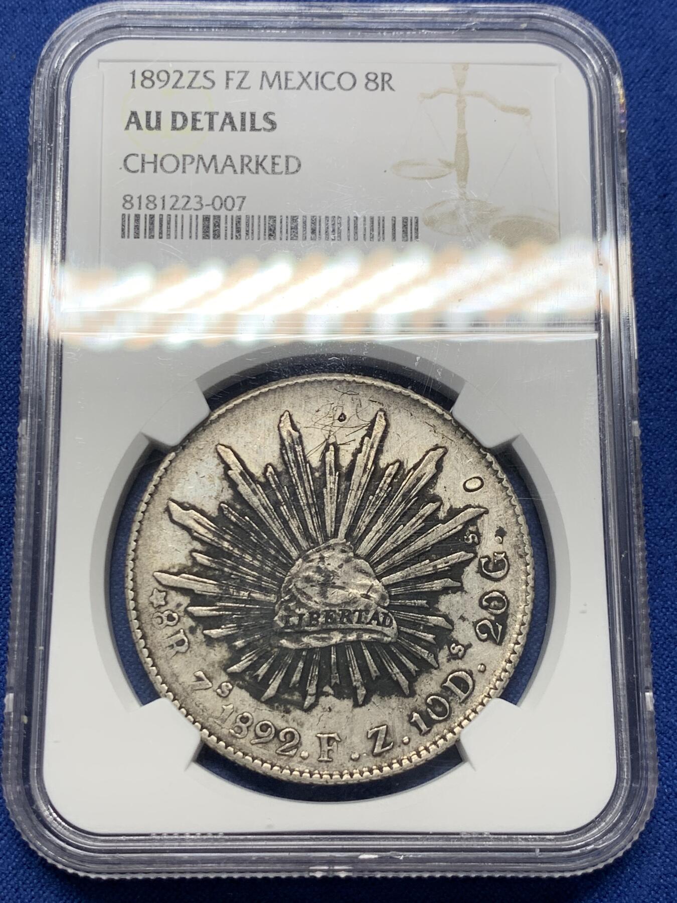 《竞宝斋》第370场 周日，周一 2场连拍 （全场包邮） NGC AU 墨西哥1892年ZS FZ版花边鹰洋，原味墨印 细节见图