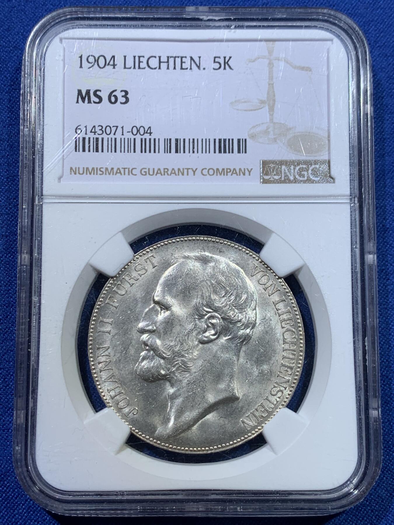 《竞宝斋》第370场 周日，周一 2场连拍 （全场包邮） NGC MS63 列支敦士登1904年约翰二世亲王5K大银币