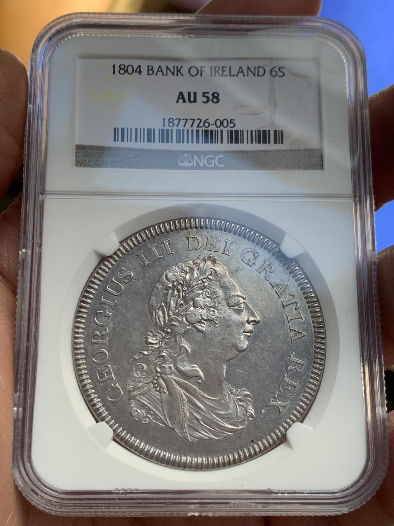 《竞宝斋》第370场 周日，周一 2场连拍 （全场包邮） NGC AU58 英属爱尔兰 1804年 乔治三世 6先令 银币