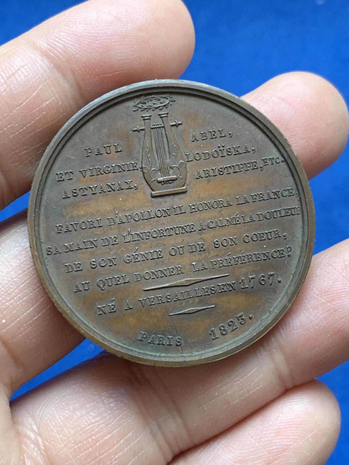 《竞宝斋》第370场 周日，周一 2场连拍 （全场包邮） 法国1823年小提琴家克鲁特·鲁道夫纪念铜章 38.35克 41mm 光边原铸 极其罕见 贝多芬创作的一首著名的小提琴奏鸣曲《克鲁特奏鸣曲》就是以他命名。