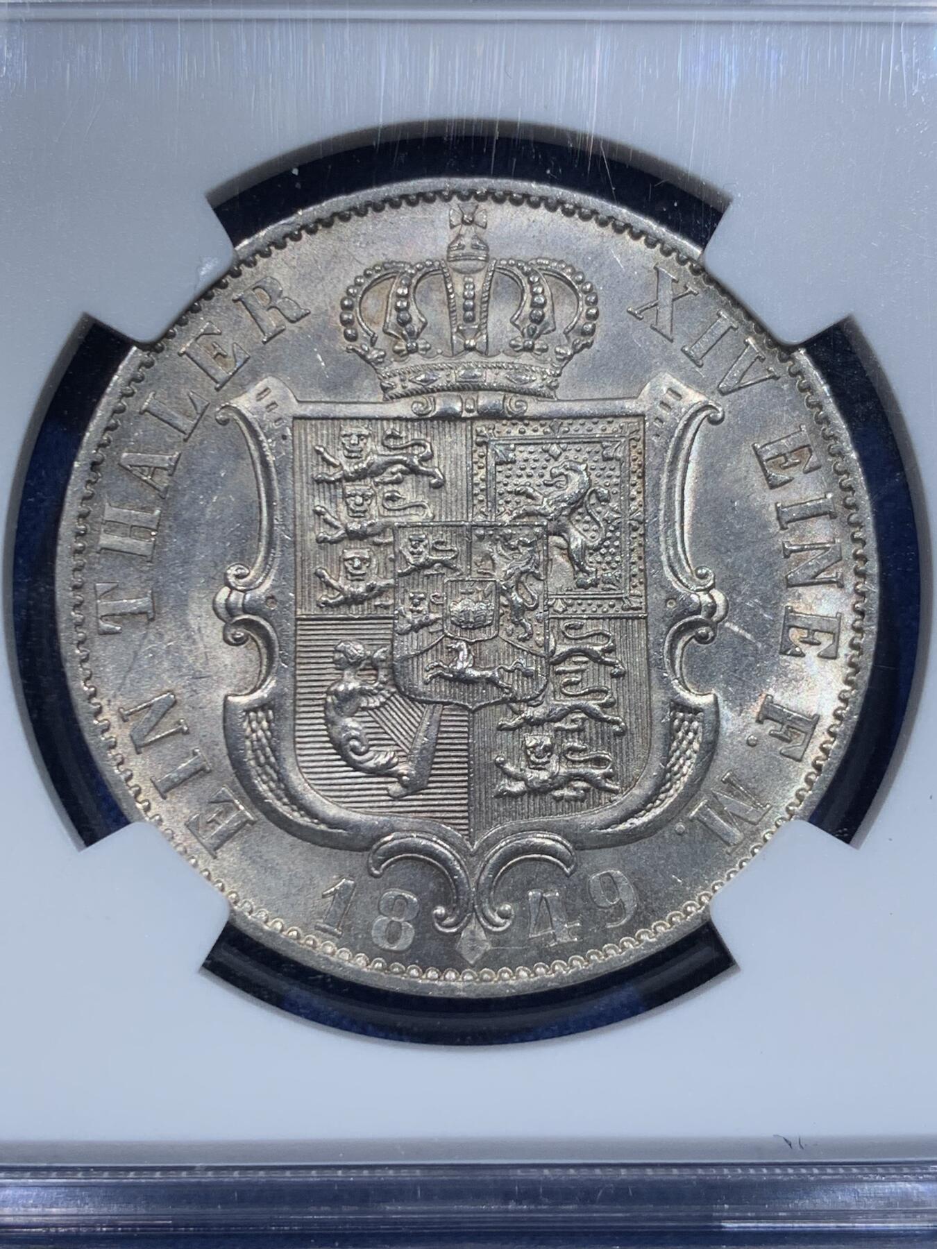 《竞宝斋》第370场 周日，周一 2场连拍 （全场包邮） 冠军分 NGC MS64 德国 1849年 汉诺威奥古斯特泰勒银币 顶级状态 不可错过