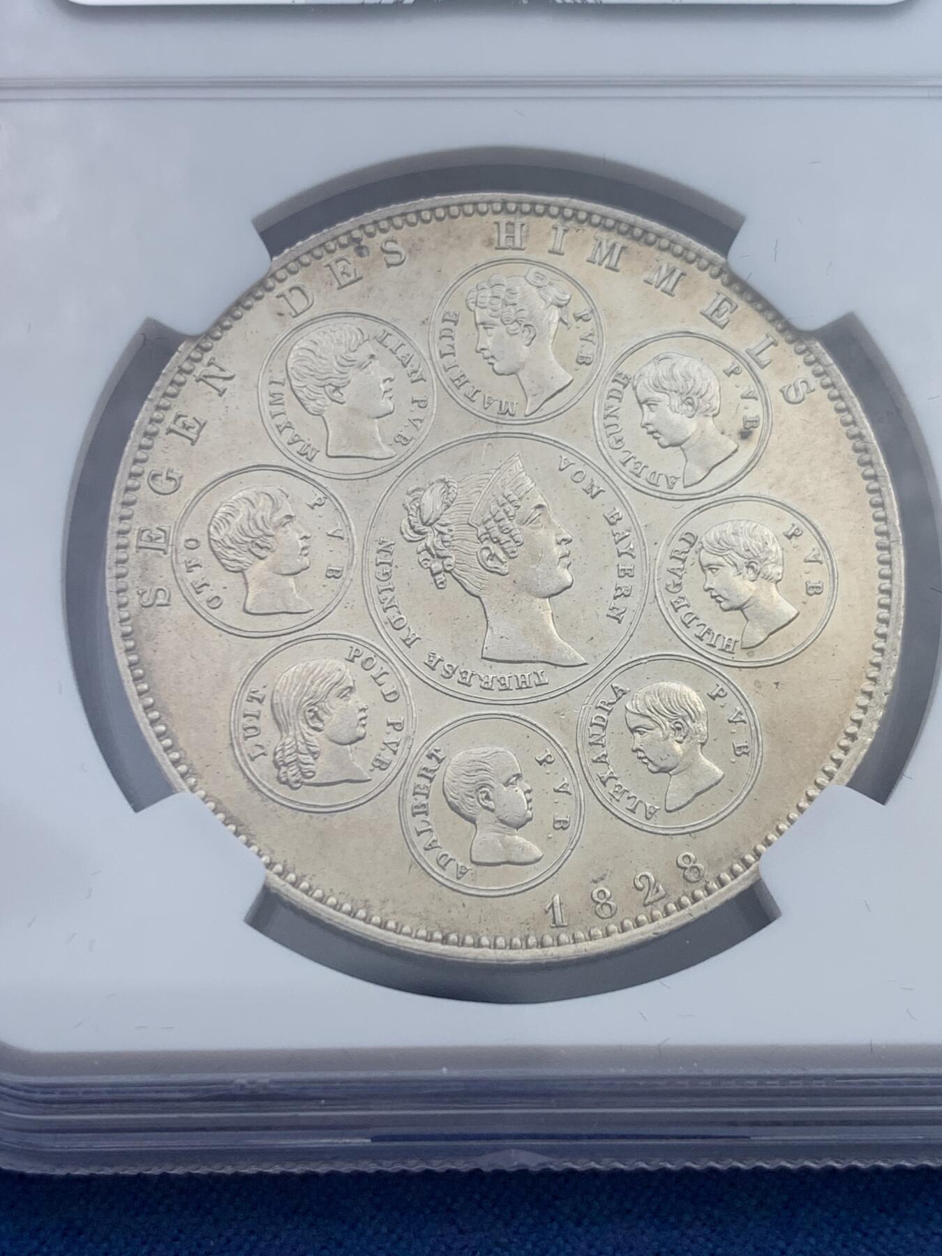 《竞宝斋》第370场 周日，周一 2场连拍 （全场包邮） NGC MS62 德国 1828年 德国巴伐利亚路德维希一世皇室全家福泰勒 银币 丝滑车轮银光 包浆漂亮