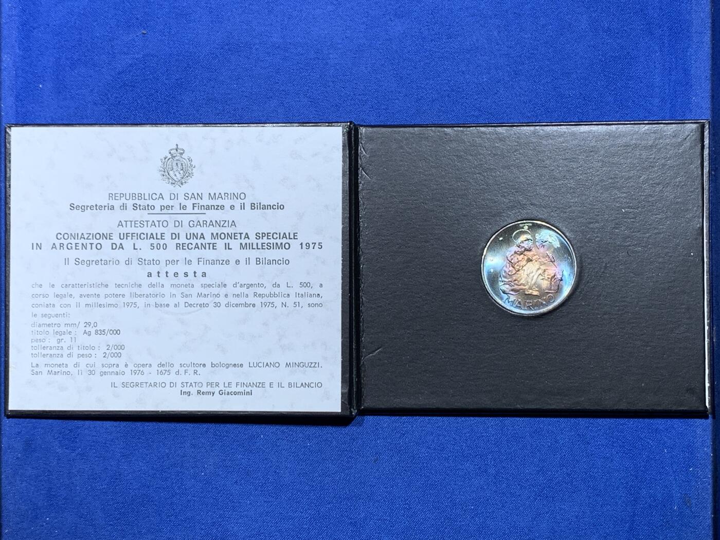 《竞宝斋》第370场 周日，周一 2场连拍 （全场包邮） 卡装 圣马力诺1975年钱币局开业纪念500里拉银币