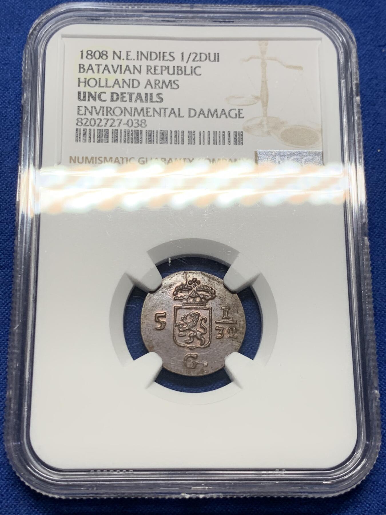 《竞宝斋》第370场 周日，周一 2场连拍 （全场包邮） NGC UNC 荷属东印度1808年1/2DUI