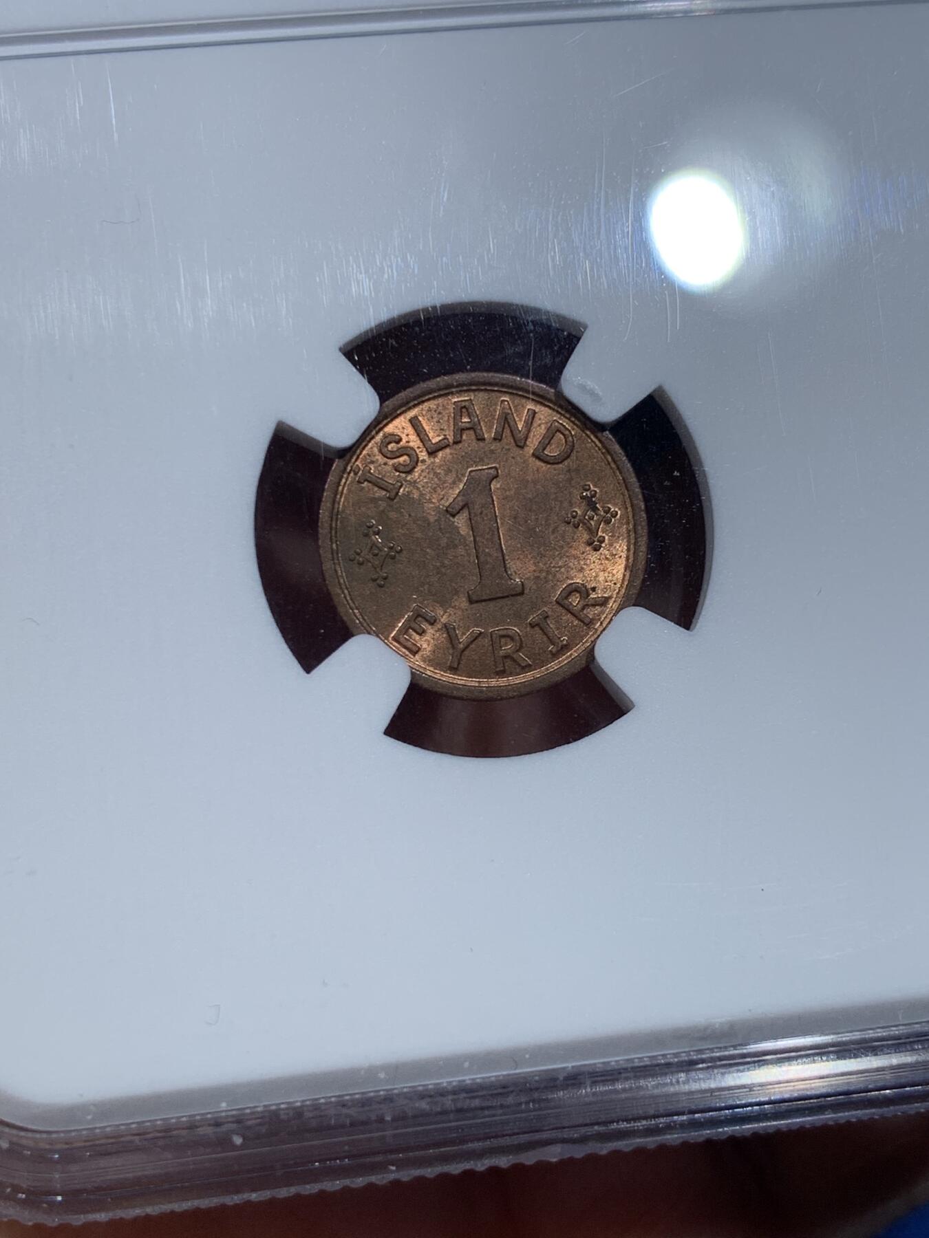 《竞宝斋》第370场 周日，周一 2场连拍 （全场包邮） NGC MS63RB 冰岛 1942年 1 艾里尔 铜币 末年高分好品