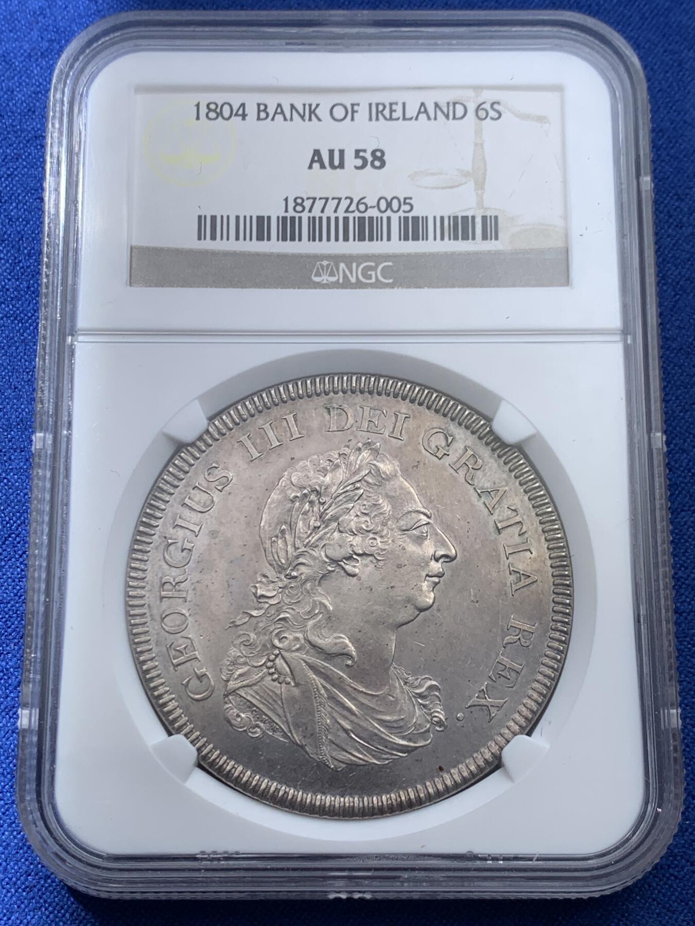 《竞宝斋》第370场 周日，周一 2场连拍 （全场包邮） NGC AU58 英属爱尔兰 1804年 乔治三世 6先令 银币