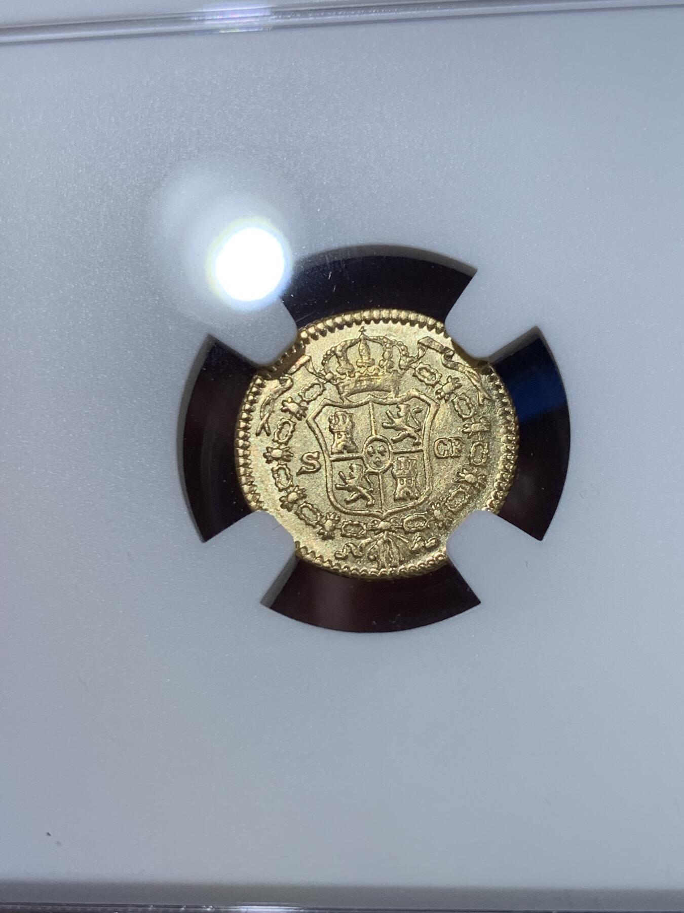 《竞宝斋》第370场 周日，周一 2场连拍 （全场包邮） NGC MS61 西班牙1775年卡洛斯三世半埃斯库多金币 少见！