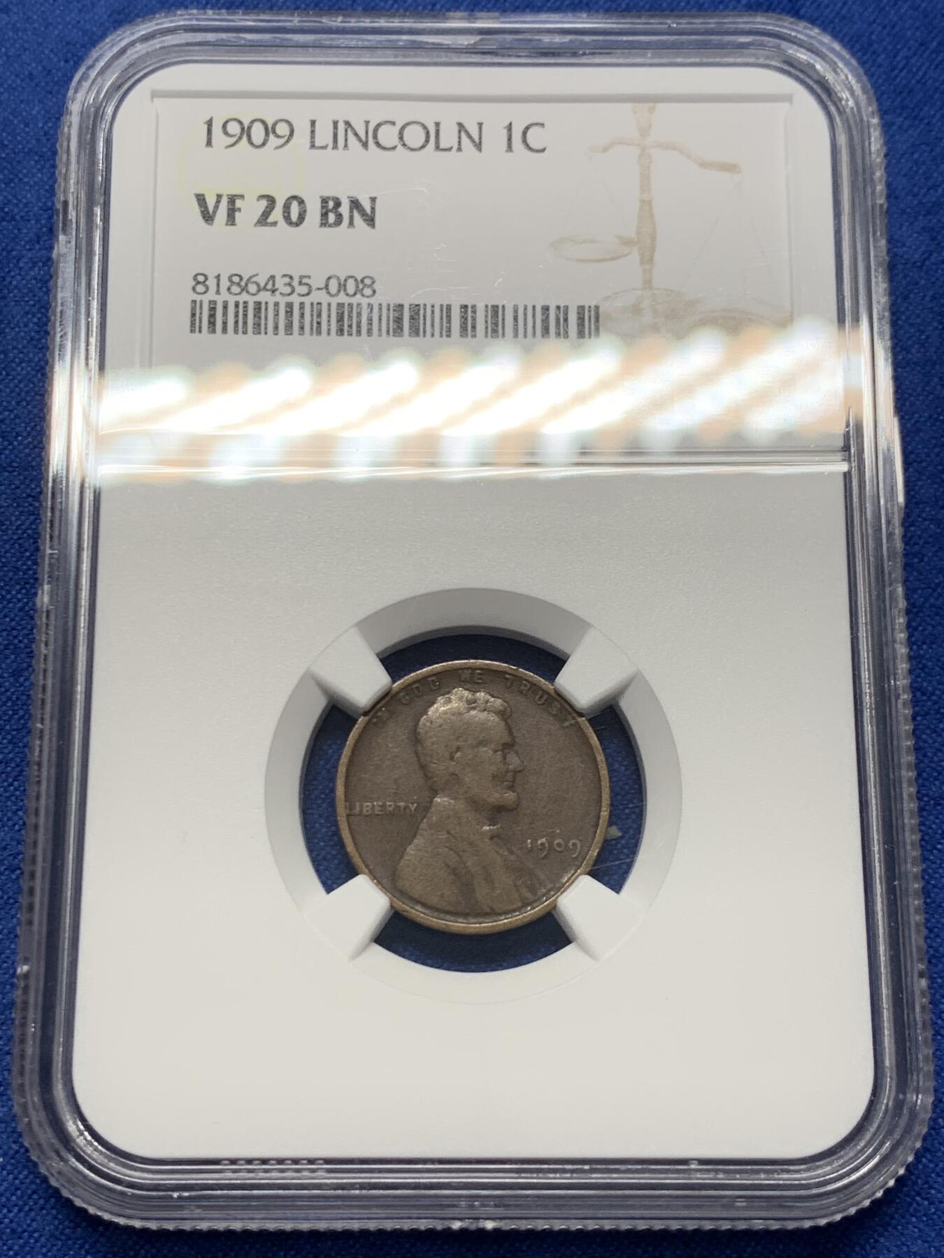 《竞宝斋》第370场 周日，周一 2场连拍 （全场包邮） NGC VF20BN 美国1909年林肯1分铜币，林肯美分首年份，稀有品种，充分流通有分难得。