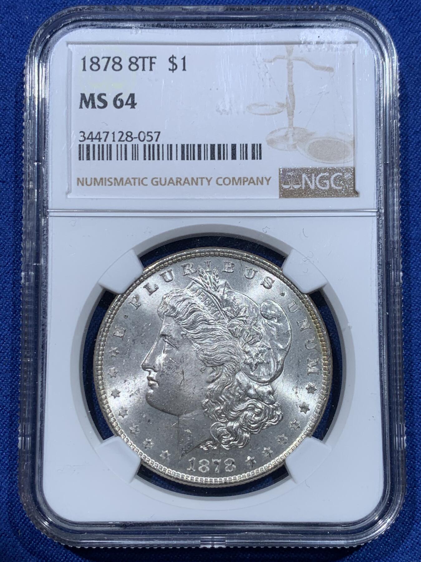 《竞宝斋》第370场 周日，周一 2场连拍 （全场包邮） NGC MS64 美国 1878 摩根八羽 8tf 名誉品 高分难得