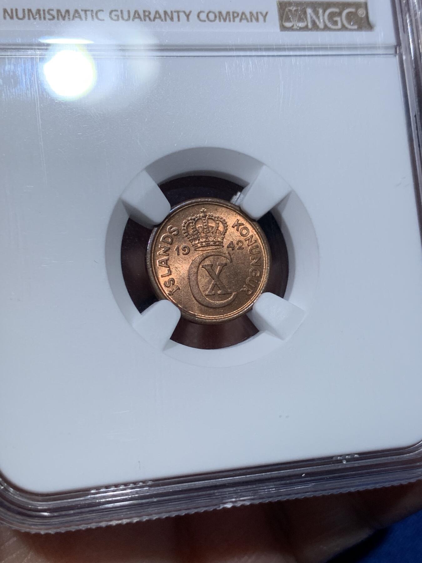 《竞宝斋》第370场 周日，周一 2场连拍 （全场包邮） NGC MS63RB 冰岛 1942年 1 艾里尔 铜币 末年高分好品