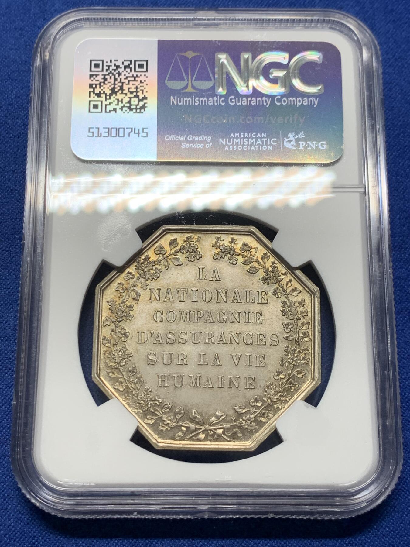 《竞宝斋》第370场 周日，周一 2场连拍 （全场包邮） NGC MS64 法国 La Nationale 国家人寿保险公司八角银质代币  高分 好状态
