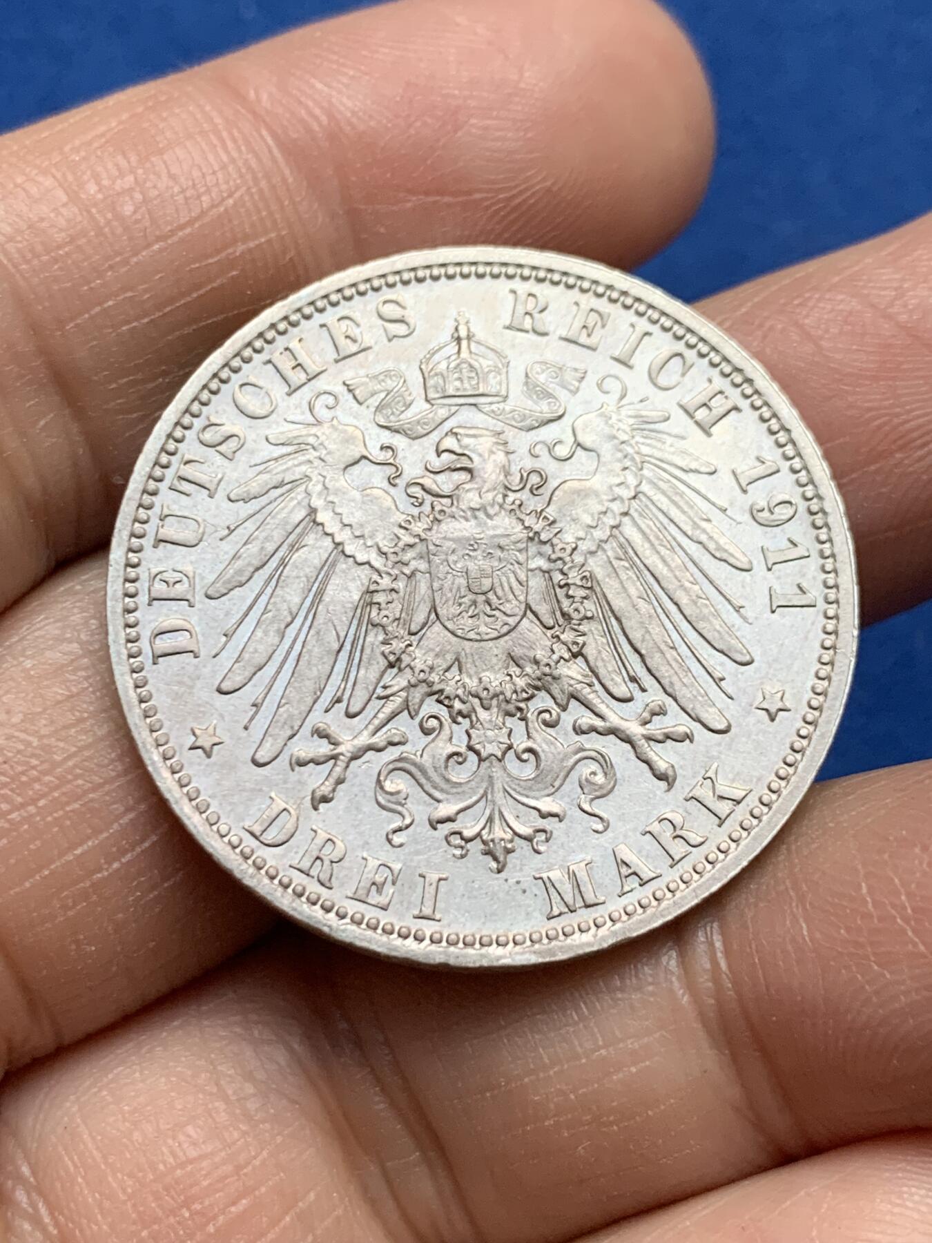 《竞宝斋》第370场 周日，周一 2场连拍 （全场包邮） 德国巴伐利亚 1911年 3马克银币 柳特波德摄政王90大寿纪念币