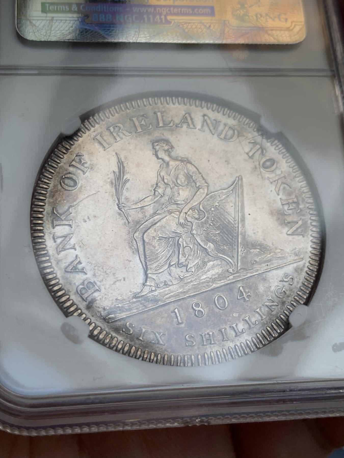 《竞宝斋》第370场 周日，周一 2场连拍 （全场包邮） NGC AU58 英属爱尔兰 1804年 乔治三世 6先令 银币
