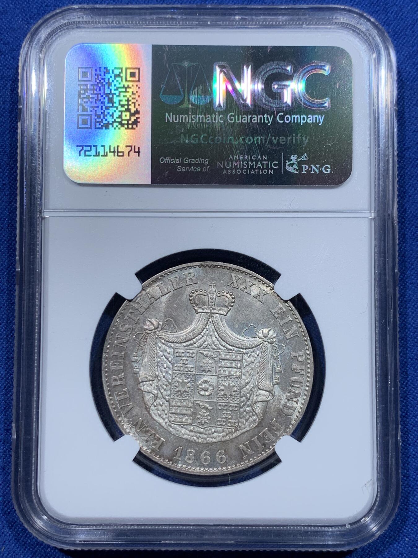 《竞宝斋》第370场 周日，周一 2场连拍 （全场包邮） 冠军分 NGC MS63 德国 1866年 利珀公国 利奥波德三世 泰勒银币 发行量仅18000枚 小邦高分 非常难得的品种