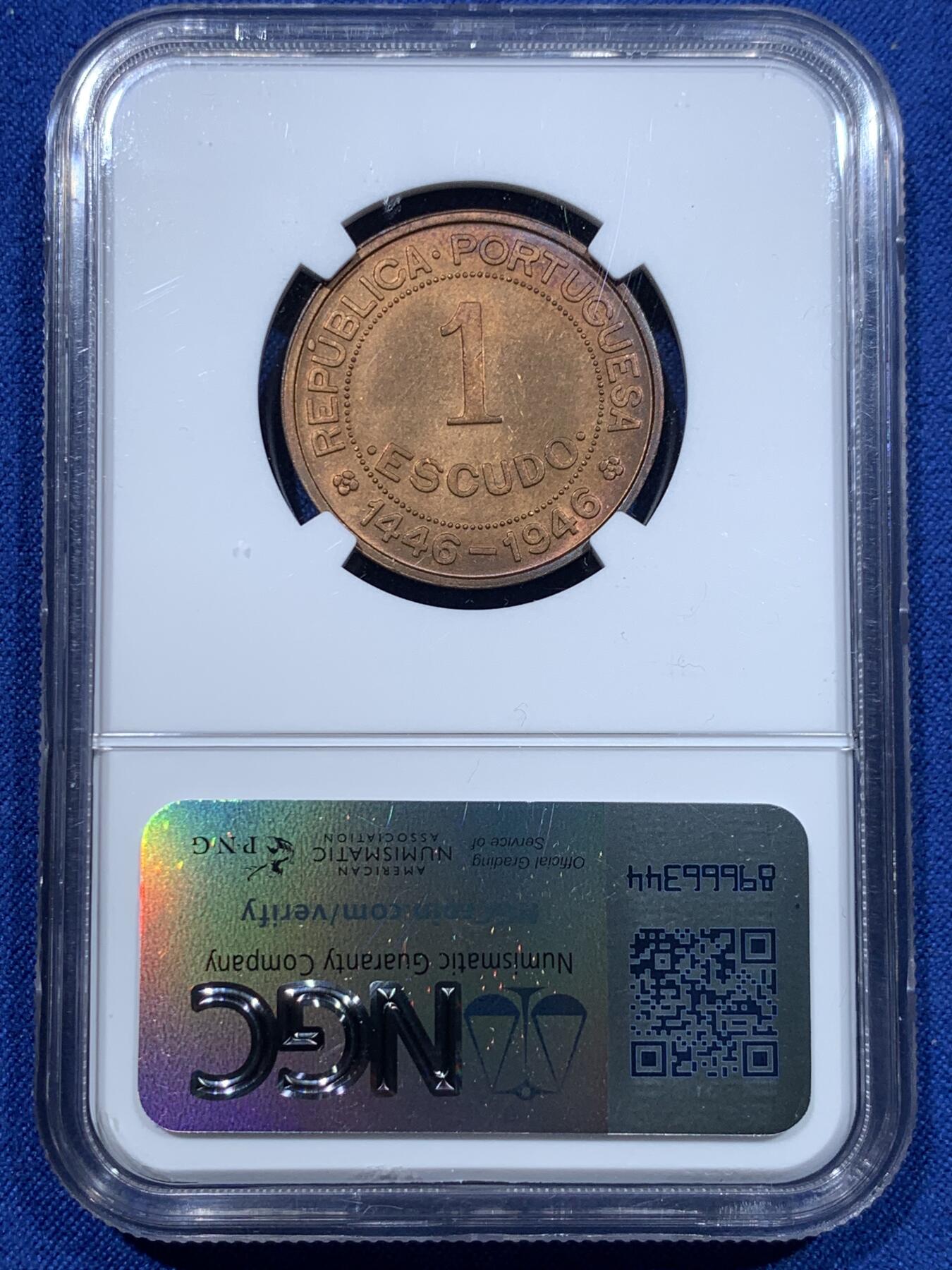 《竞宝斋》第370场 周日，周一 2场连拍 （全场包邮） NGC MS64RB 几内亚1946年1埃斯库多