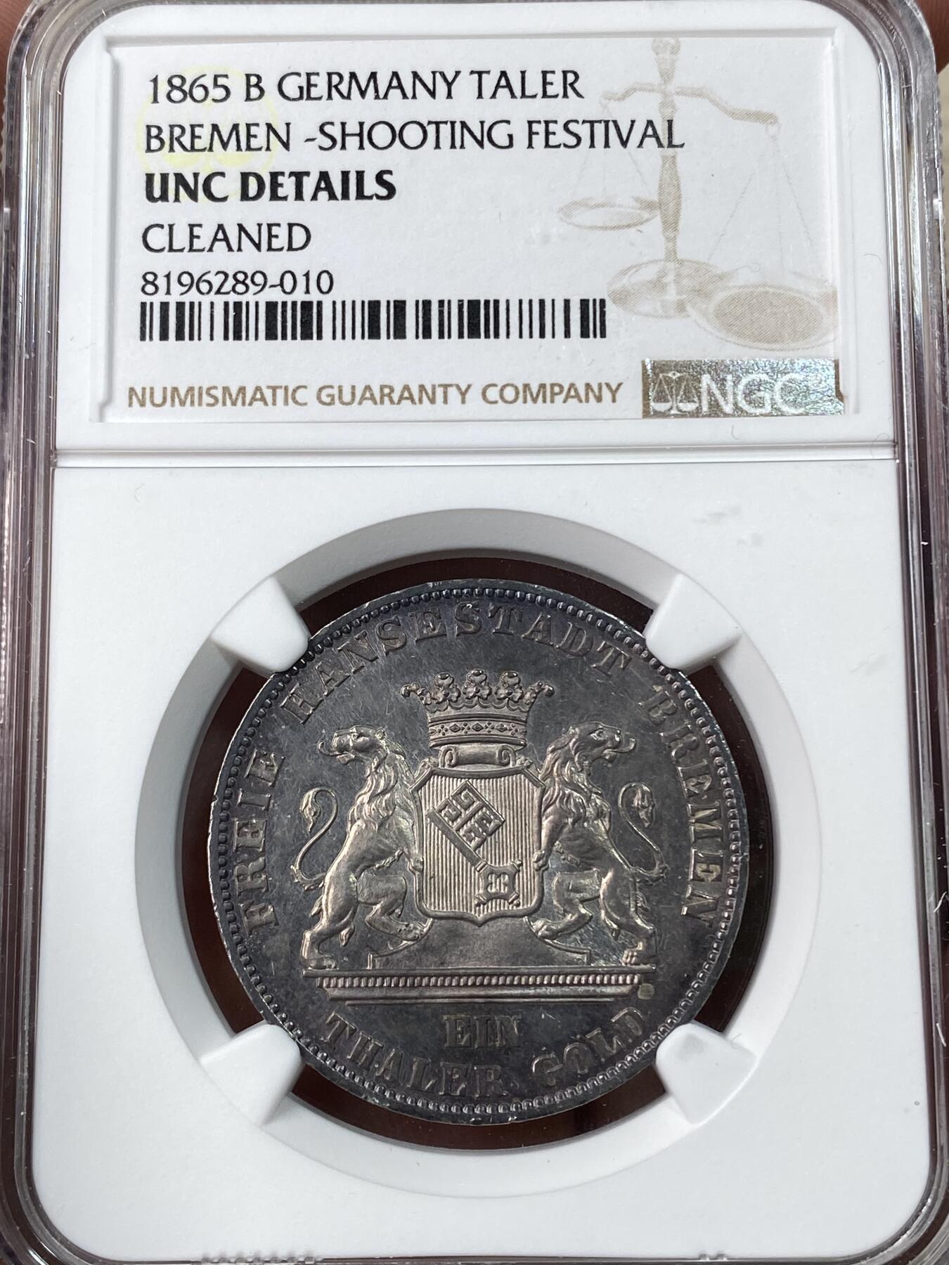 万国钱币拍卖第044期 NGC UNCD 1865年德国不莱梅射击节1泰勒 黑彩包浆