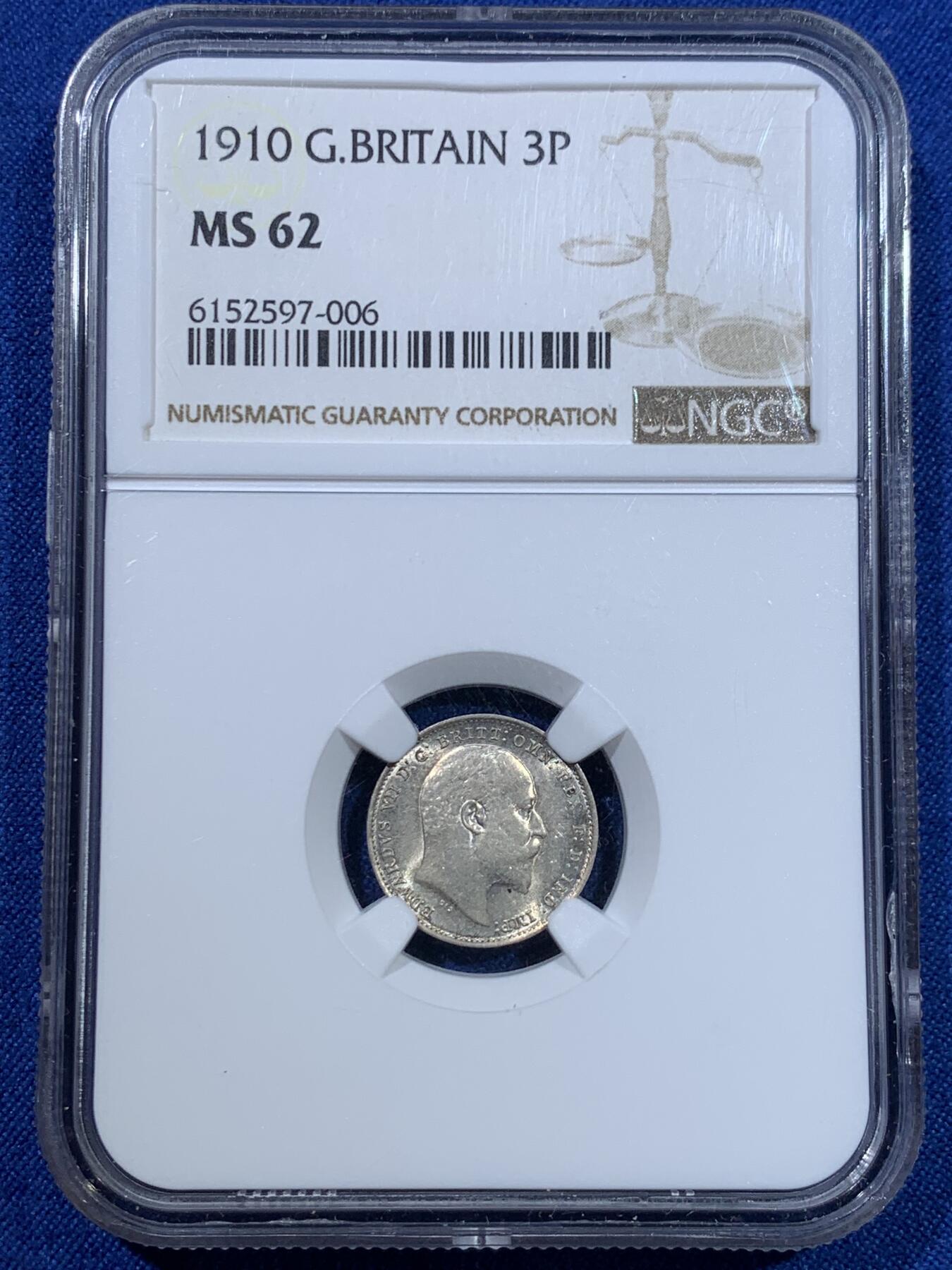 《竞宝斋》第370场 周日，周一 2场连拍 （全场包邮） NGC MS62 英国 1910年 爱德华七世 3便士 银币