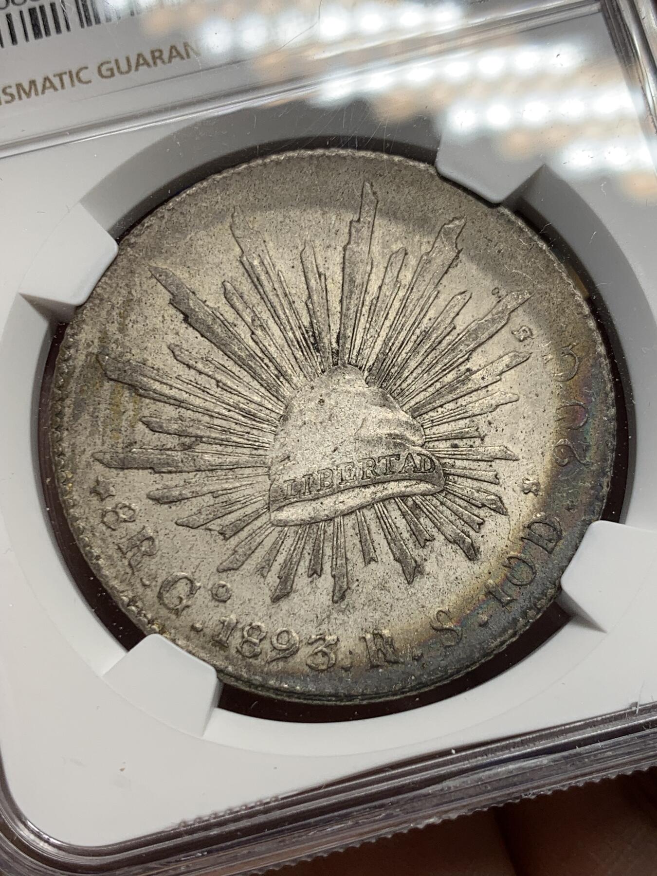 《竞宝斋》第370场 周日，周一 2场连拍 （全场包邮） NGC MS61 墨西哥1893GO RS 8里亚尔鹰洋银币