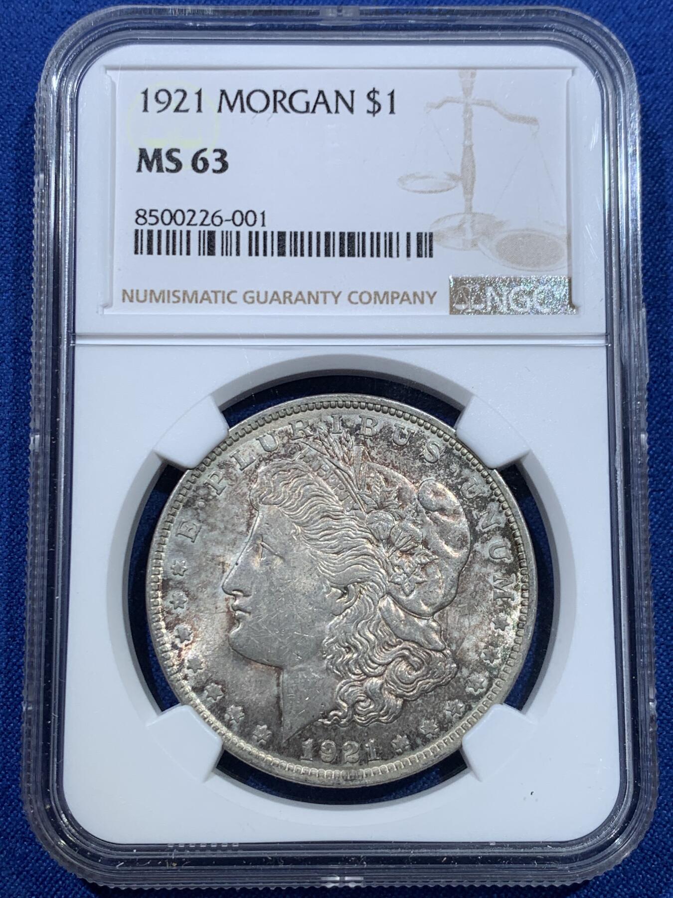 《竞宝斋》第370场 周日，周一 2场连拍 （全场包邮） NGC MS63 美国 1921年 摩根 1美元 银元