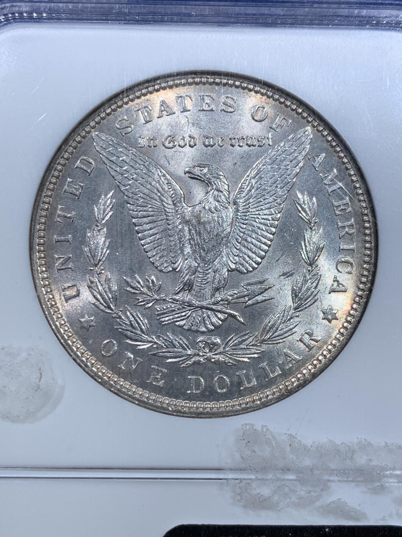 《竞宝斋》第370场 周日，周一 2场连拍 （全场包邮） NGC MS62 美国1896年 摩根银币， 转光强烈细节优秀，状态和品质不输现在的63分 N老盒保存的不凑