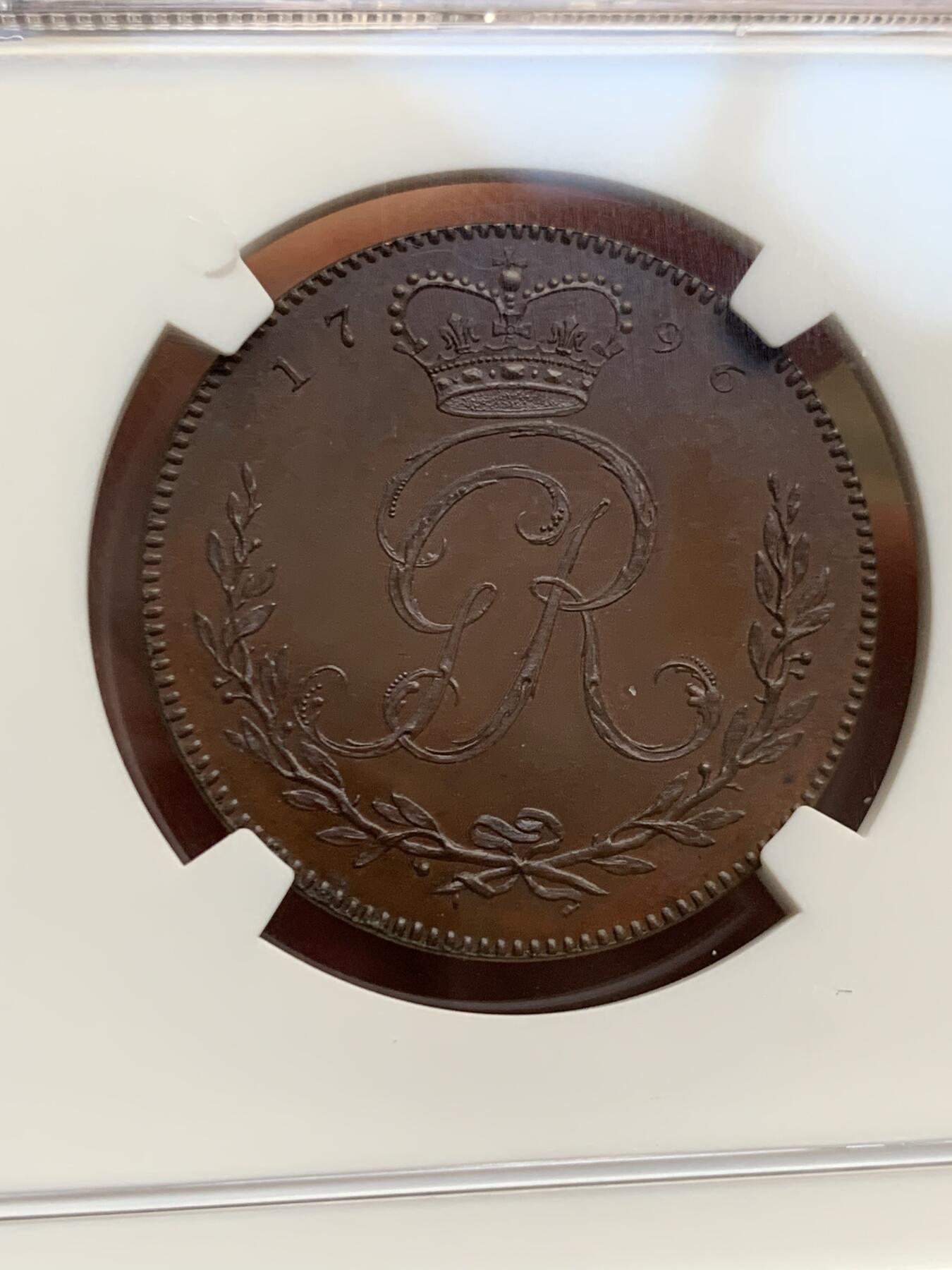 《竞宝斋》第370场 周日，周一 2场连拍 （全场包邮） NGC PF65 BN 黄金海岸 1796 英属加纳 乔治三世 1阿基 铜币 稀缺品种 状态分数都值得收藏