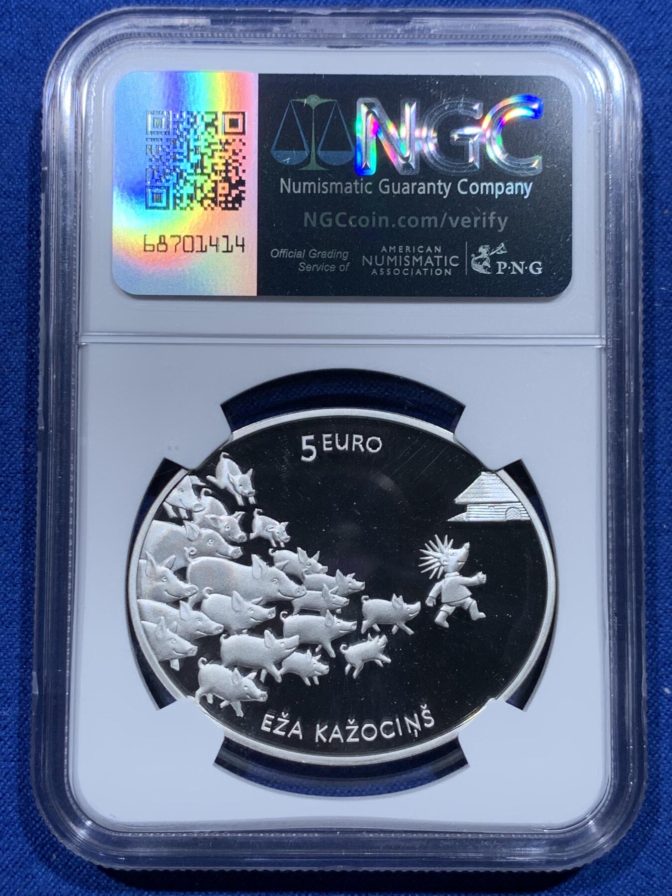 《竞宝斋》第370场 周日，周一 2场连拍 （全场包邮） NGC PF69UC 拉脱维亚2016年5欧元童话故银币格林童话刺猬汉斯银币 带盒