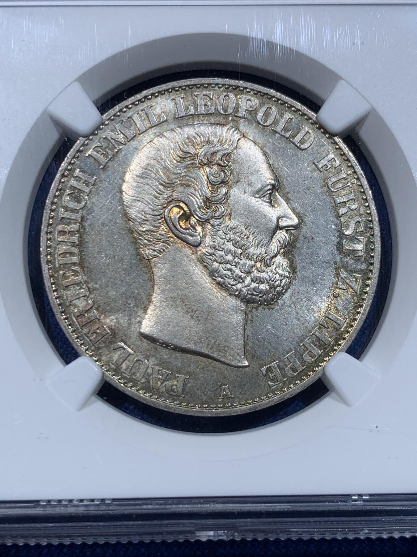 《竞宝斋》第370场 周日，周一 2场连拍 （全场包邮） 冠军分 NGC MS63 德国 1866年 利珀公国 利奥波德三世 泰勒银币 发行量仅18000枚 小邦高分 非常难得的品种