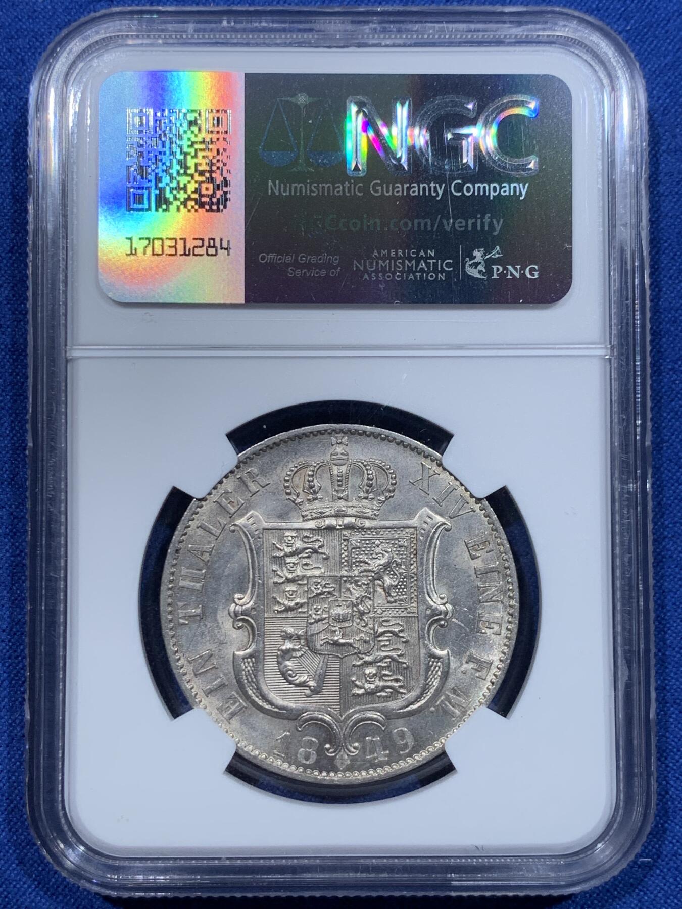 《竞宝斋》第370场 周日，周一 2场连拍 （全场包邮） 冠军分 NGC MS64 德国 1849年 汉诺威奥古斯特泰勒银币 顶级状态 不可错过