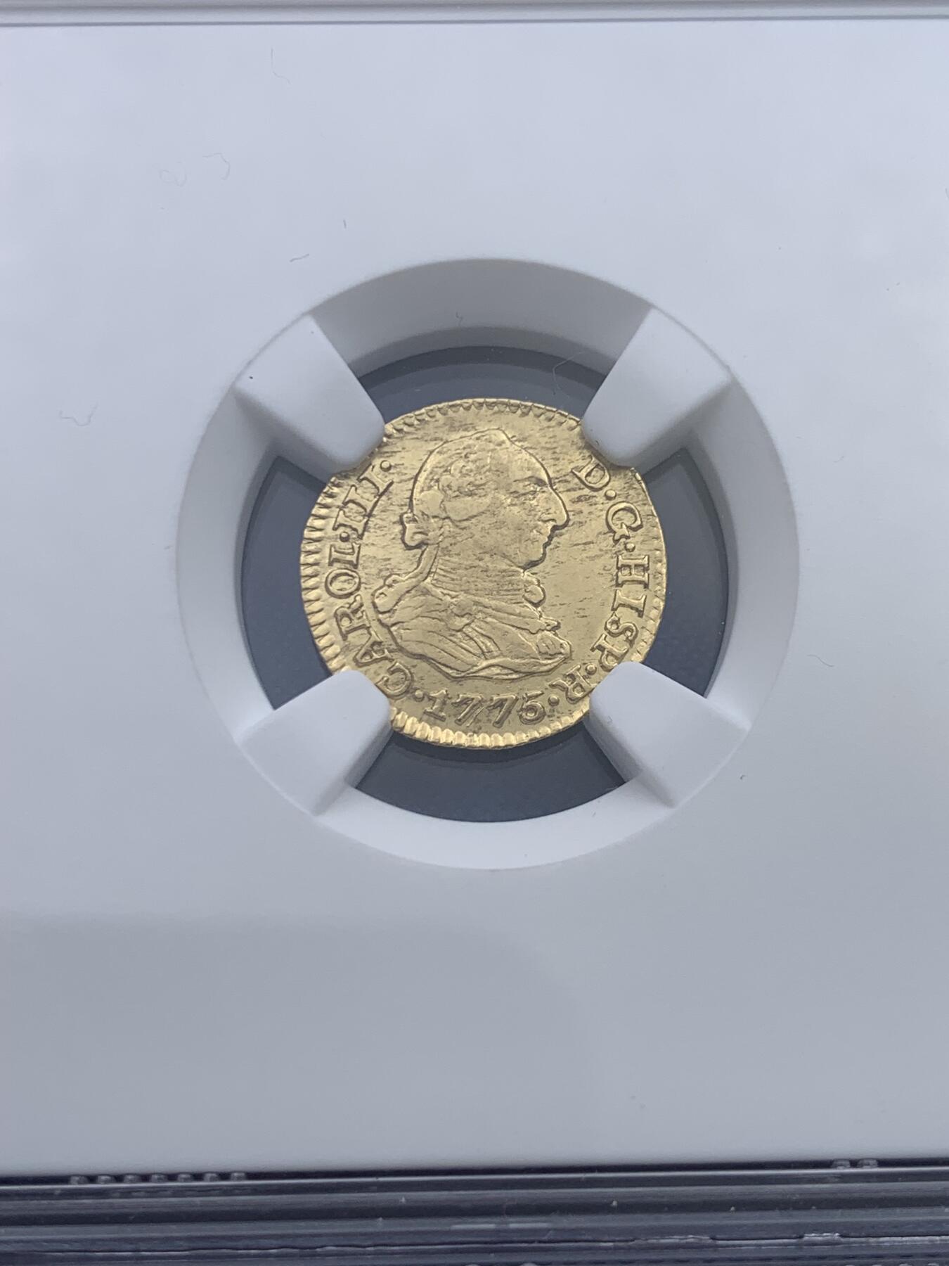 《竞宝斋》第370场 周日，周一 2场连拍 （全场包邮） NGC MS61 西班牙1775年卡洛斯三世半埃斯库多金币 少见！